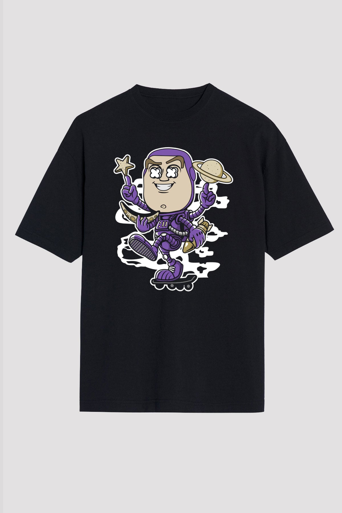 Buzz Skateboard Baskılı Unisex Siyah Oversize Tişört