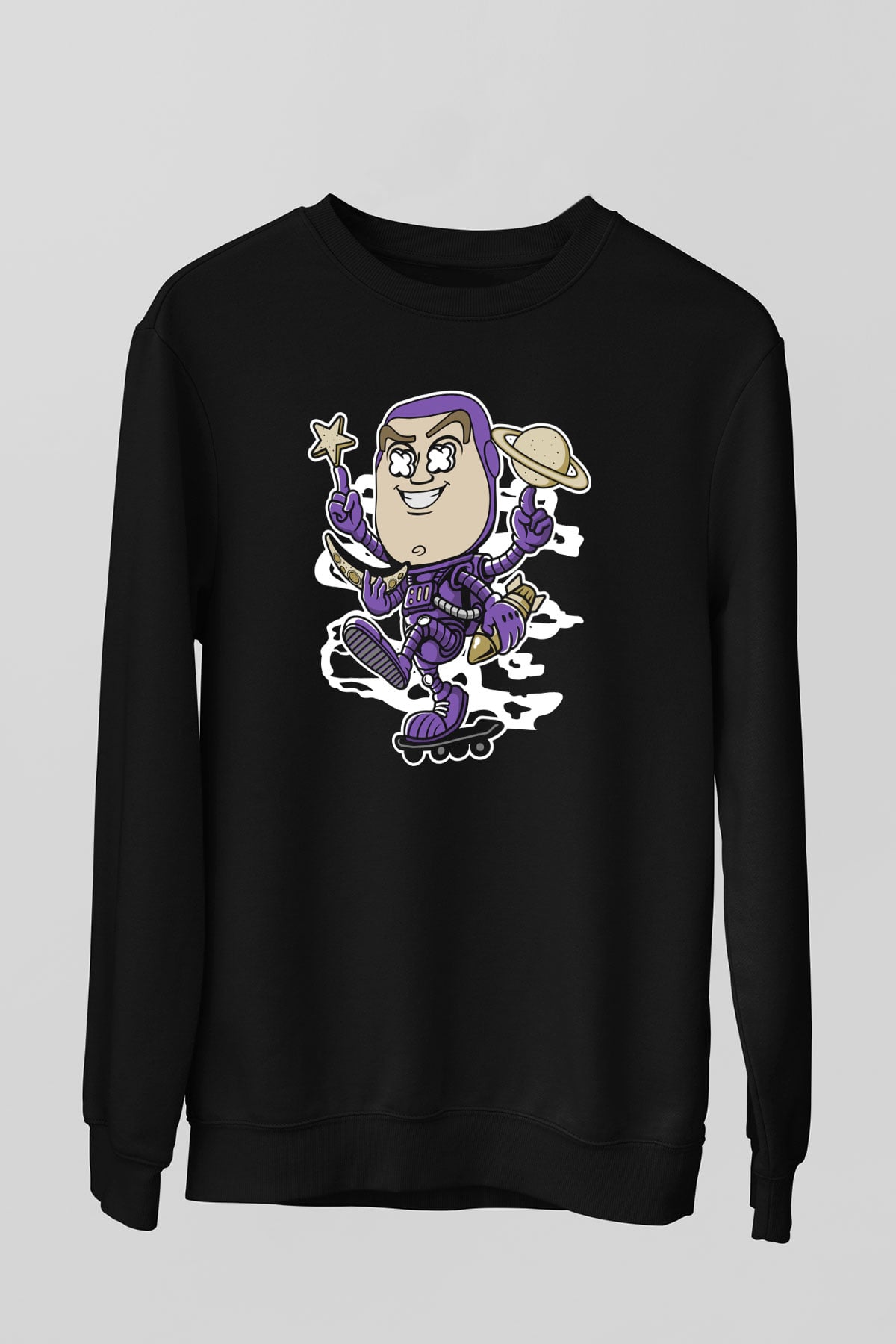 Buzz Skateboard Baskılı Unisex Siyah Sweatshirt