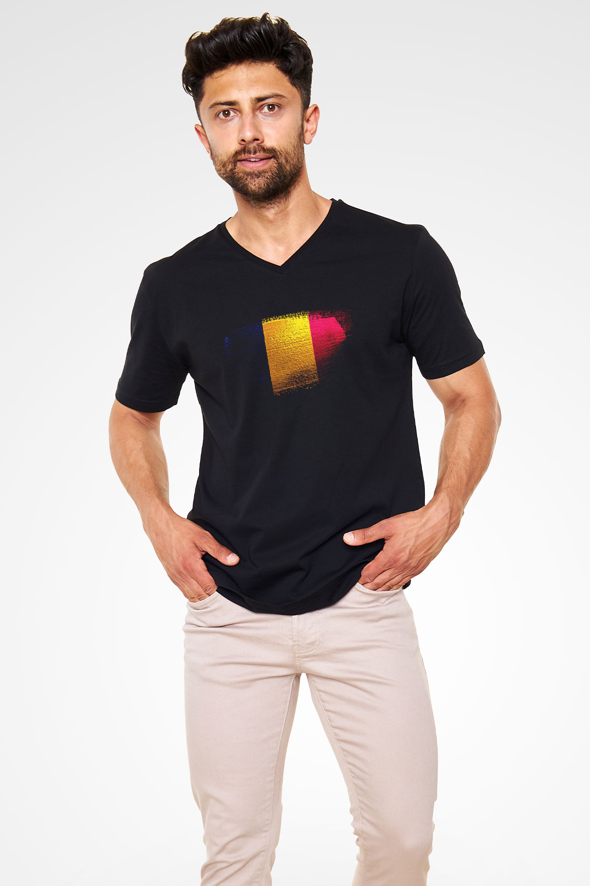 Çad - Chad Bayrağı Baskılı Unisex Siyah V Yaka Tişört