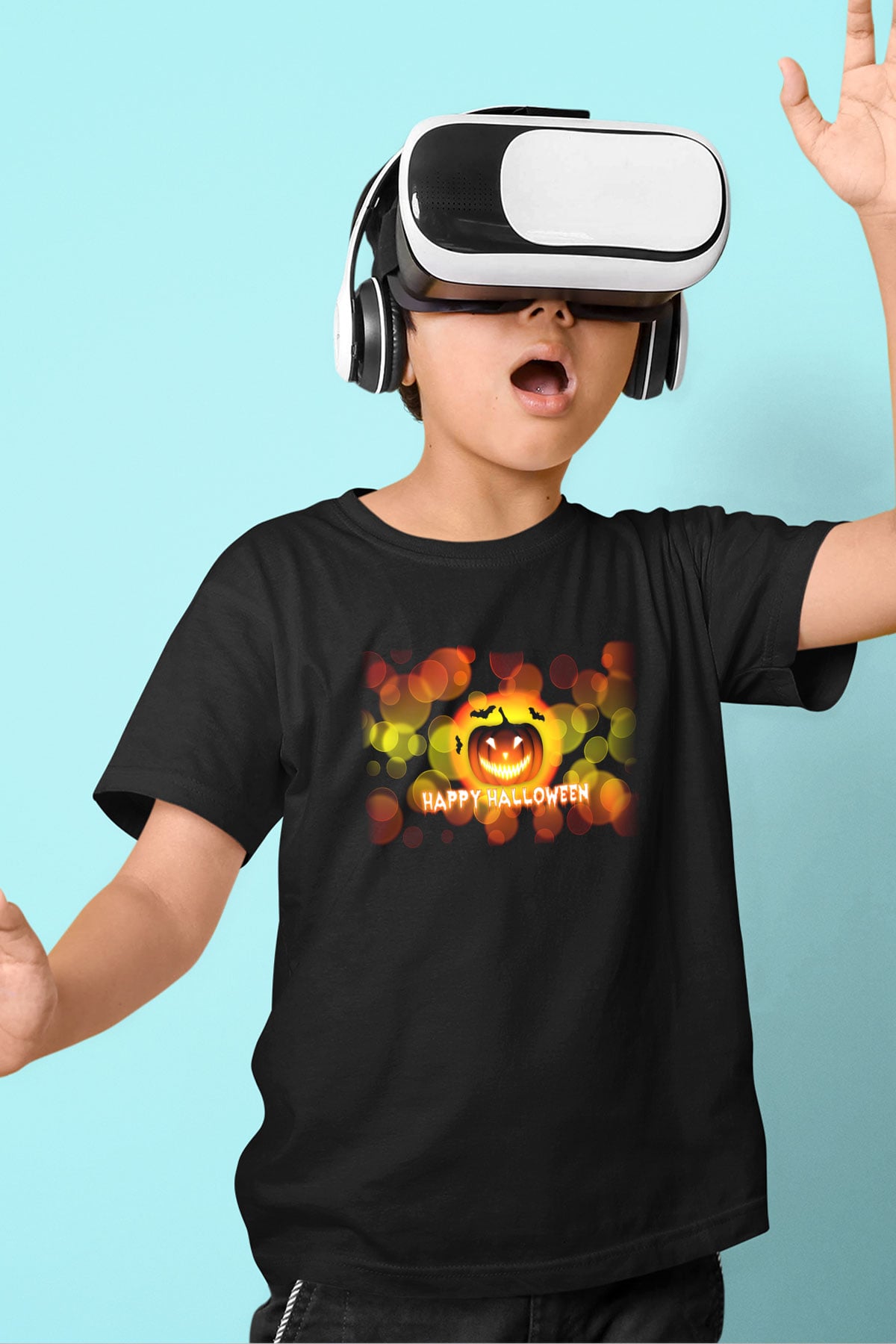 Cadılar Bayramı-Halloween Baskılı Siyah Unisex Çocuk Tişört