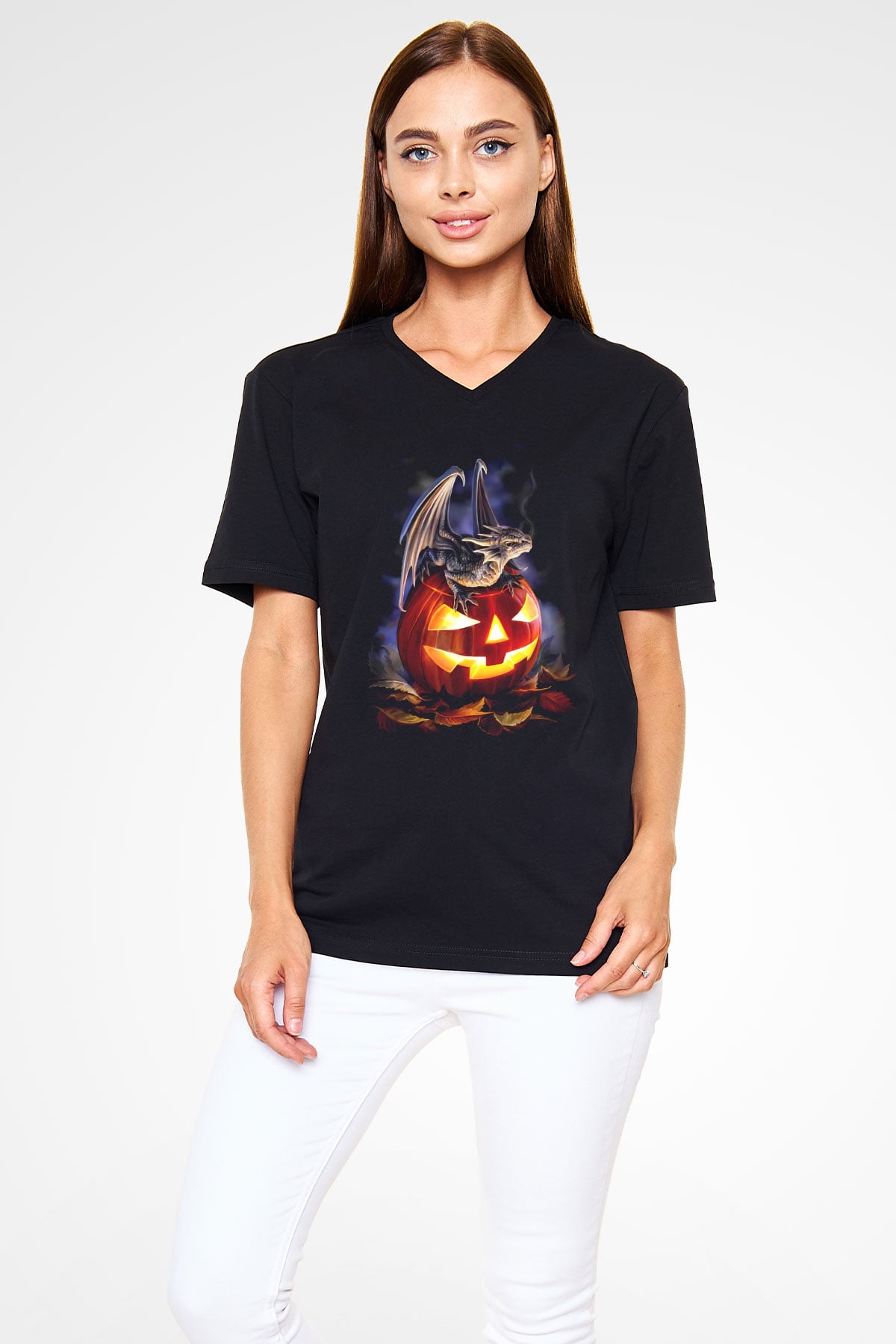 Cadılar Bayramı-Halloween Siyah Unisex V Yaka Tişört