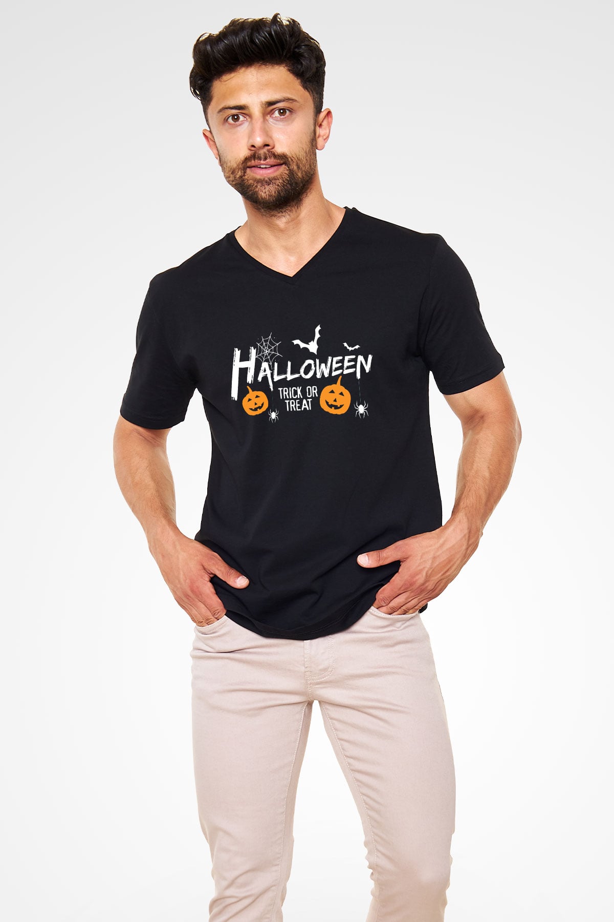 Cadılar Bayramı-Halloween Siyah Unisex V Yaka Tişört