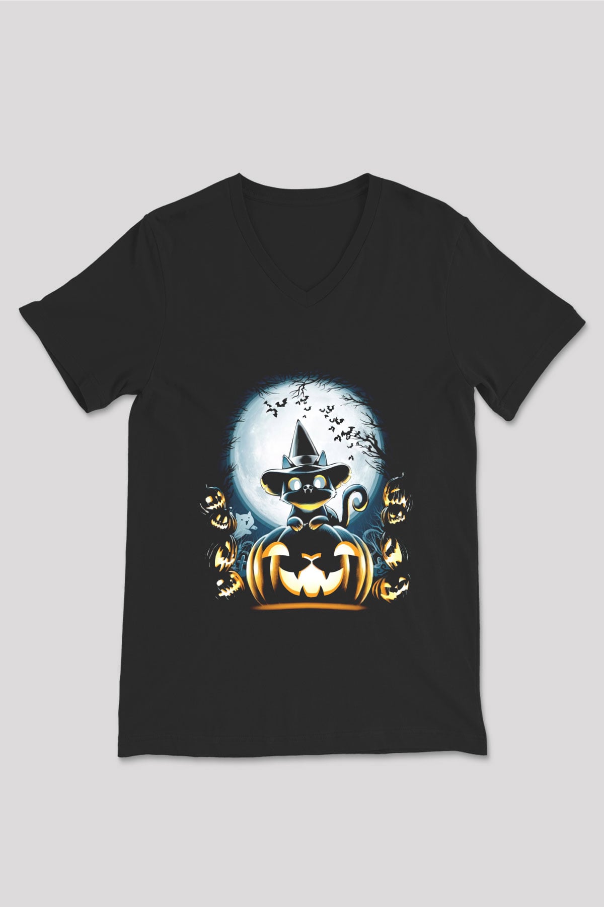Cadılar Bayramı-Halloween Siyah Unisex V Yaka Tişört