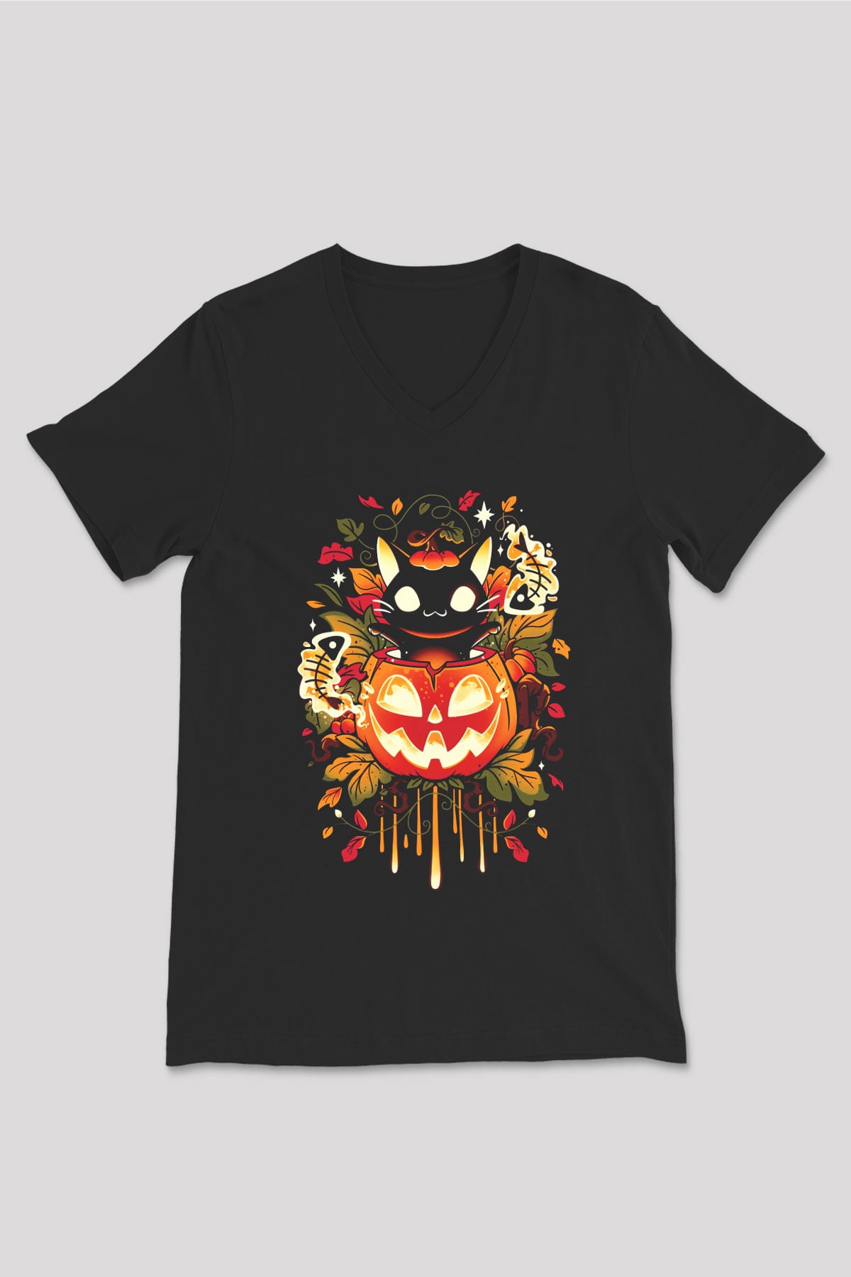 Cadılar Bayramı-Halloween Siyah Unisex V Yaka Tişört