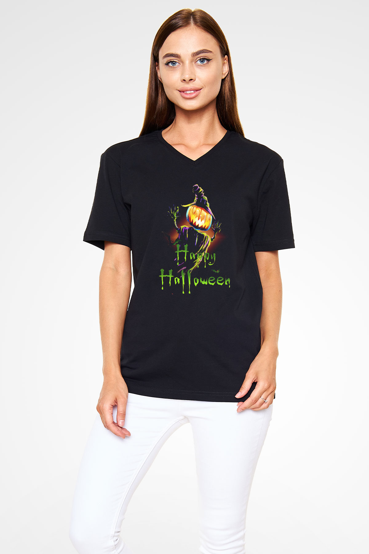 Cadılar Bayramı-Halloween Siyah Unisex V Yaka Tişört