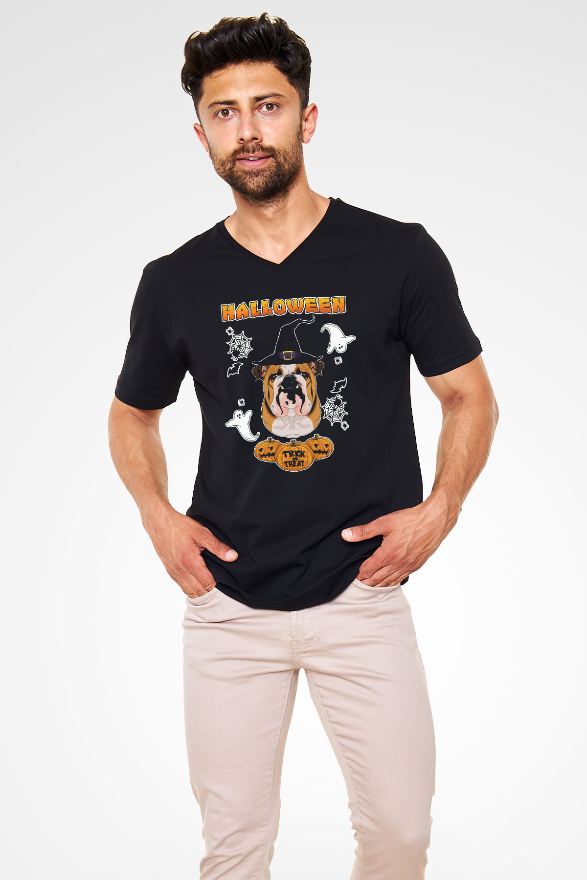 Cadılar Bayramı-Halloween Siyah Unisex V Yaka Tişört
