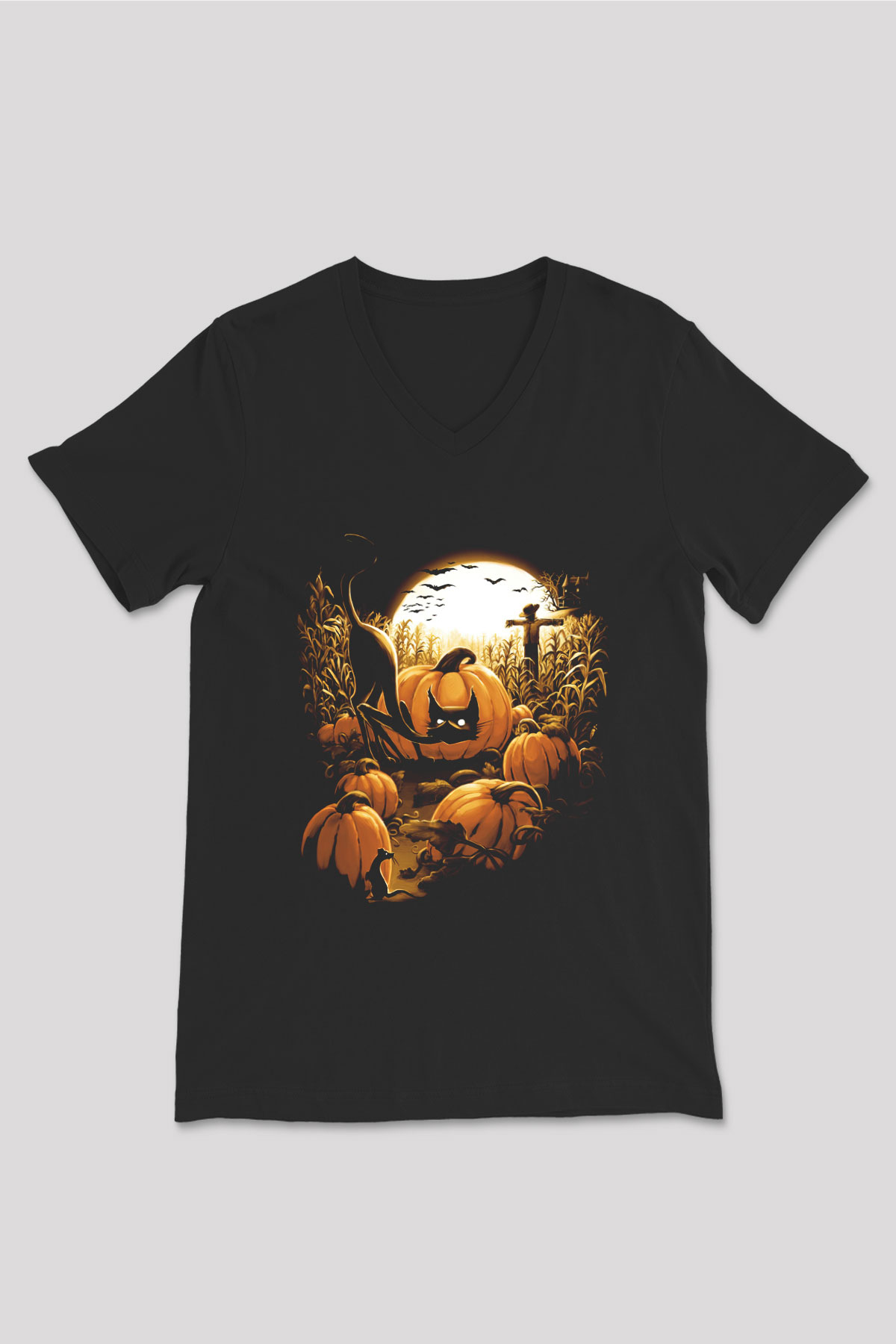 Cadılar Bayramı-Halloween Siyah Unisex V Yaka Tişört