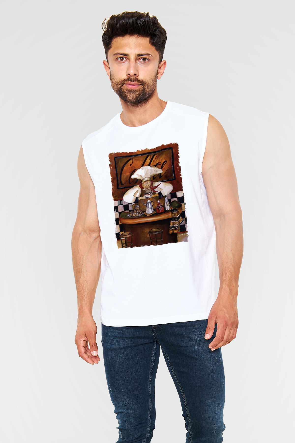 Cafe Beyaz Unisex Kolsuz Tişört