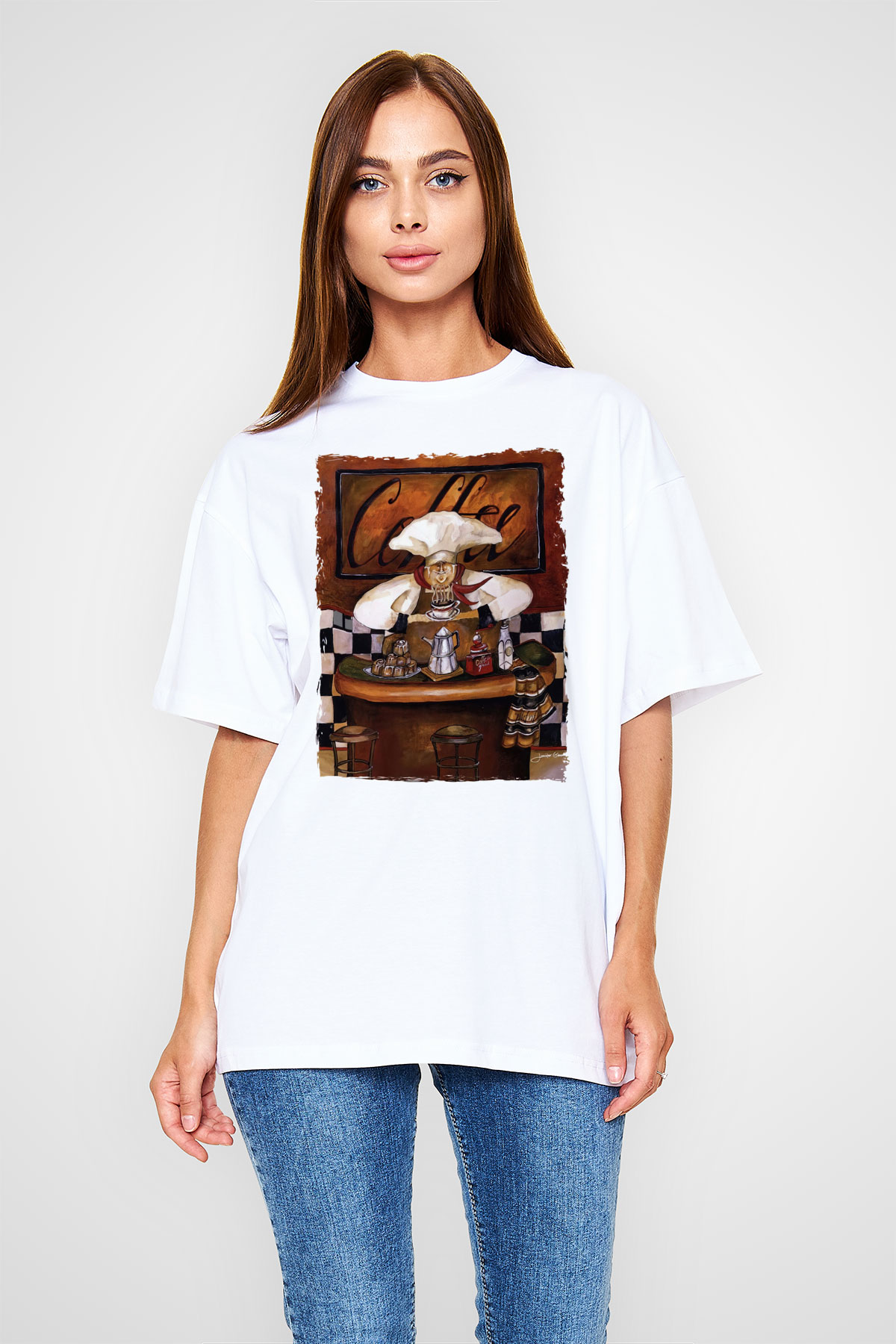 Cafe Beyaz Oversize Tişört Oversize T-shirt - TişörtFabrikası