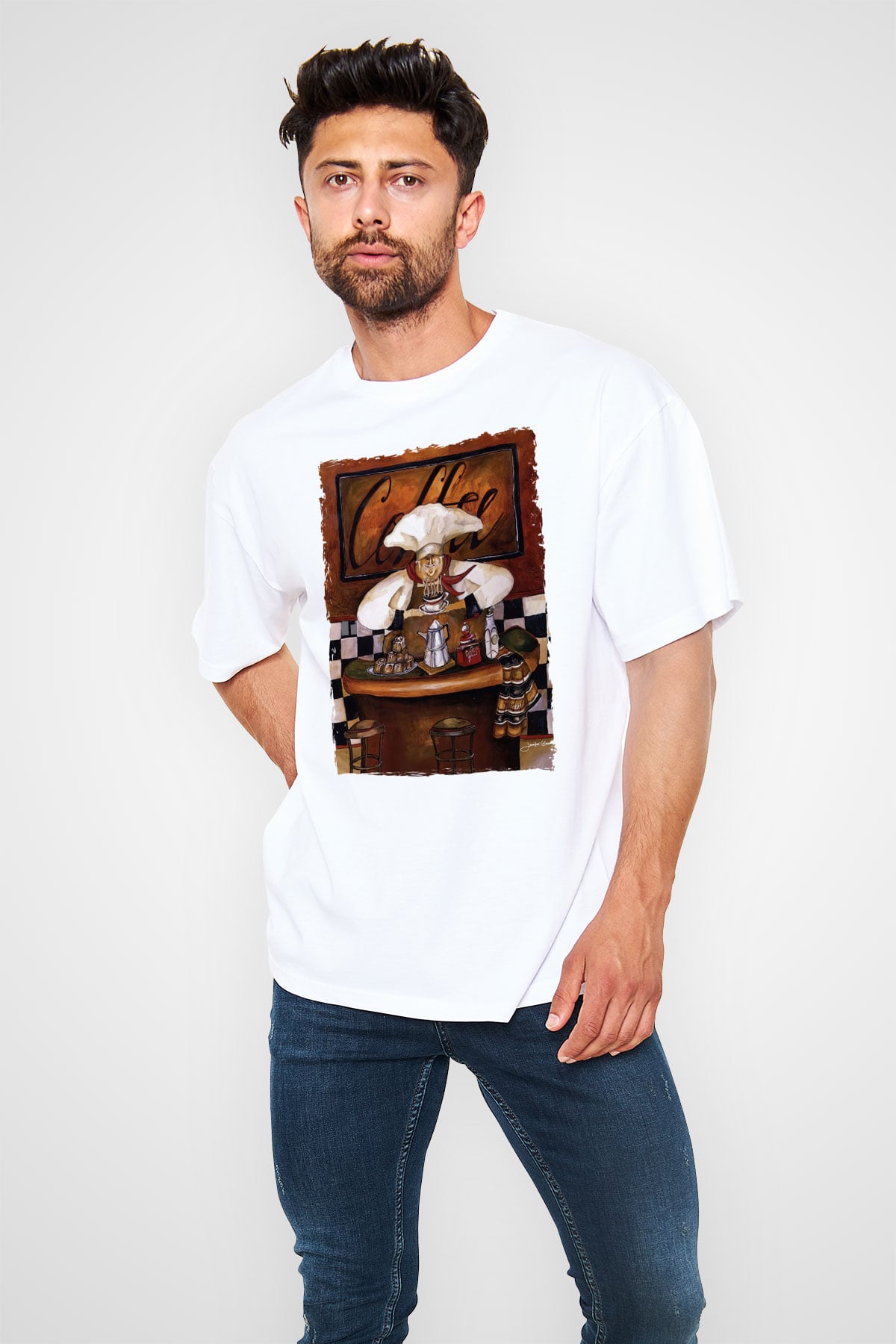 Cafe Beyaz Oversize Tişört Oversize T-shirt - TişörtFabrikası