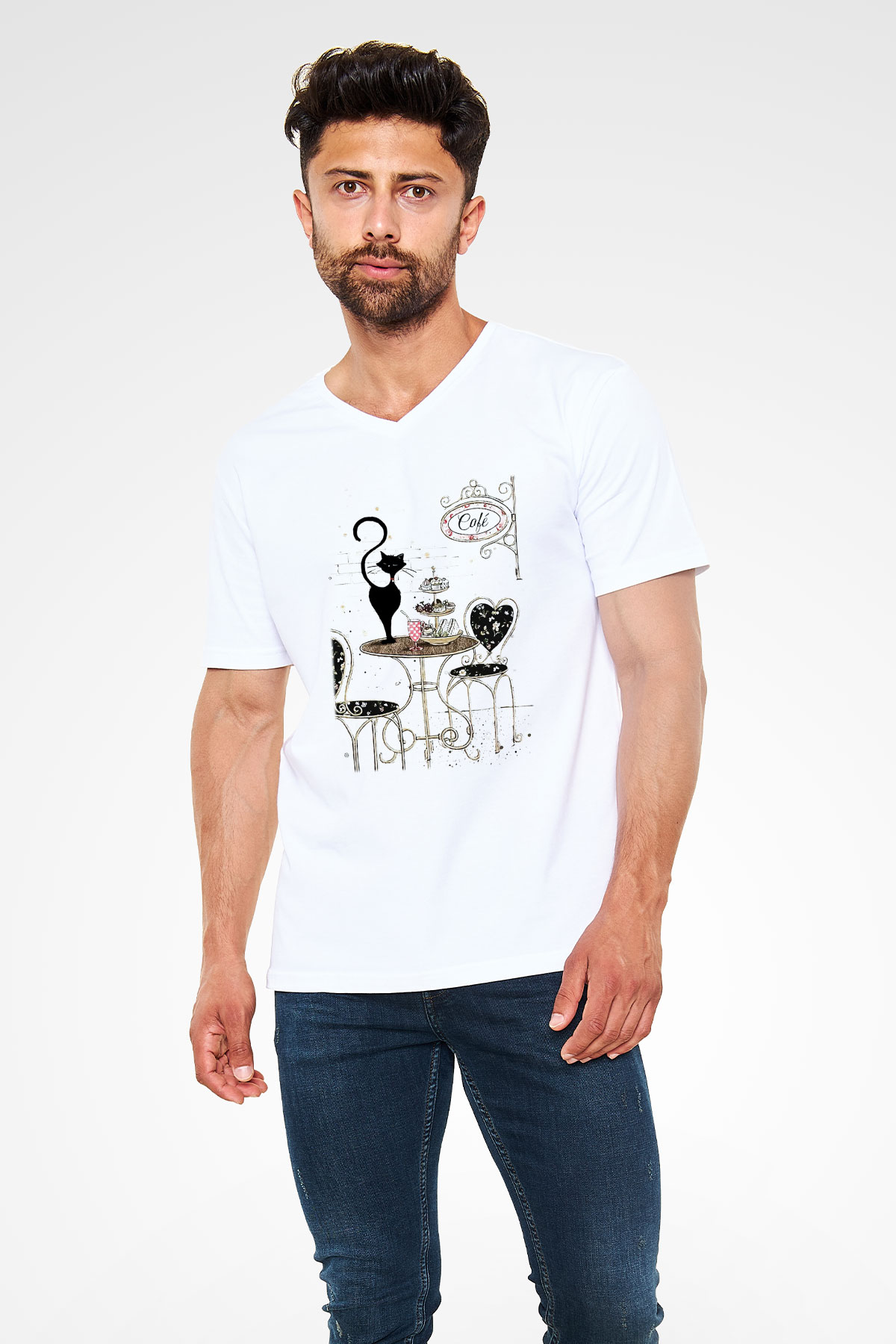 Cafe Beyaz Unisex V Yaka Tişört T-Shirt