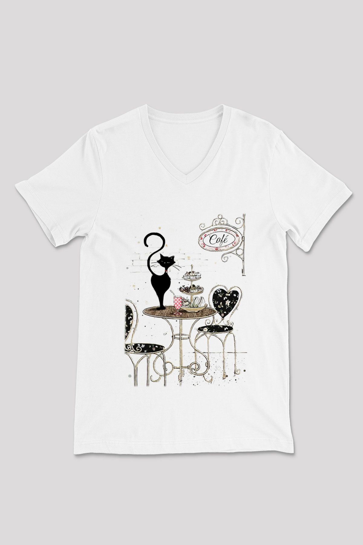 Cafe Beyaz Unisex V Yaka Tişört T-Shirt