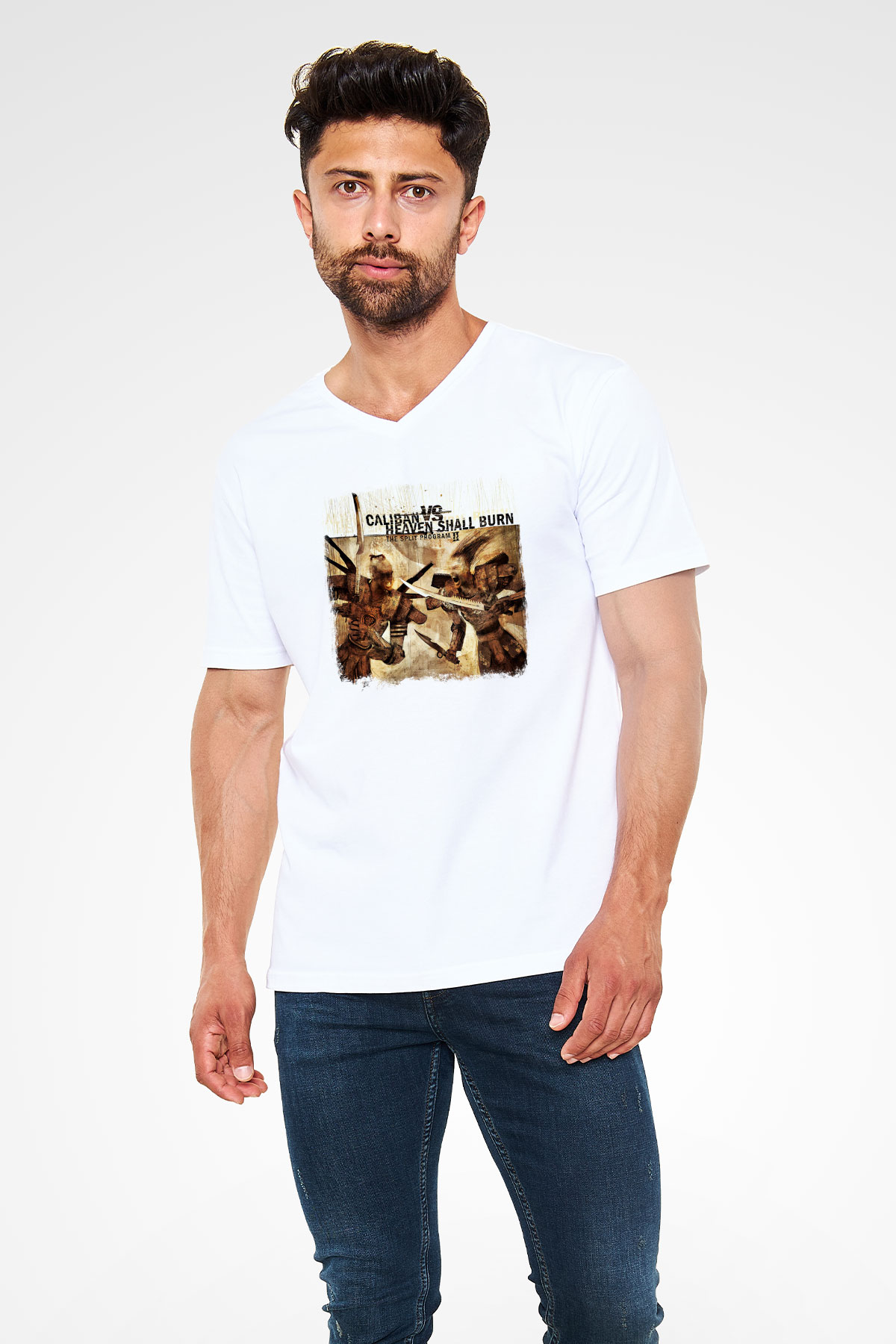 Caliban Baskılı Unisex Beyaz V Yaka Tişört