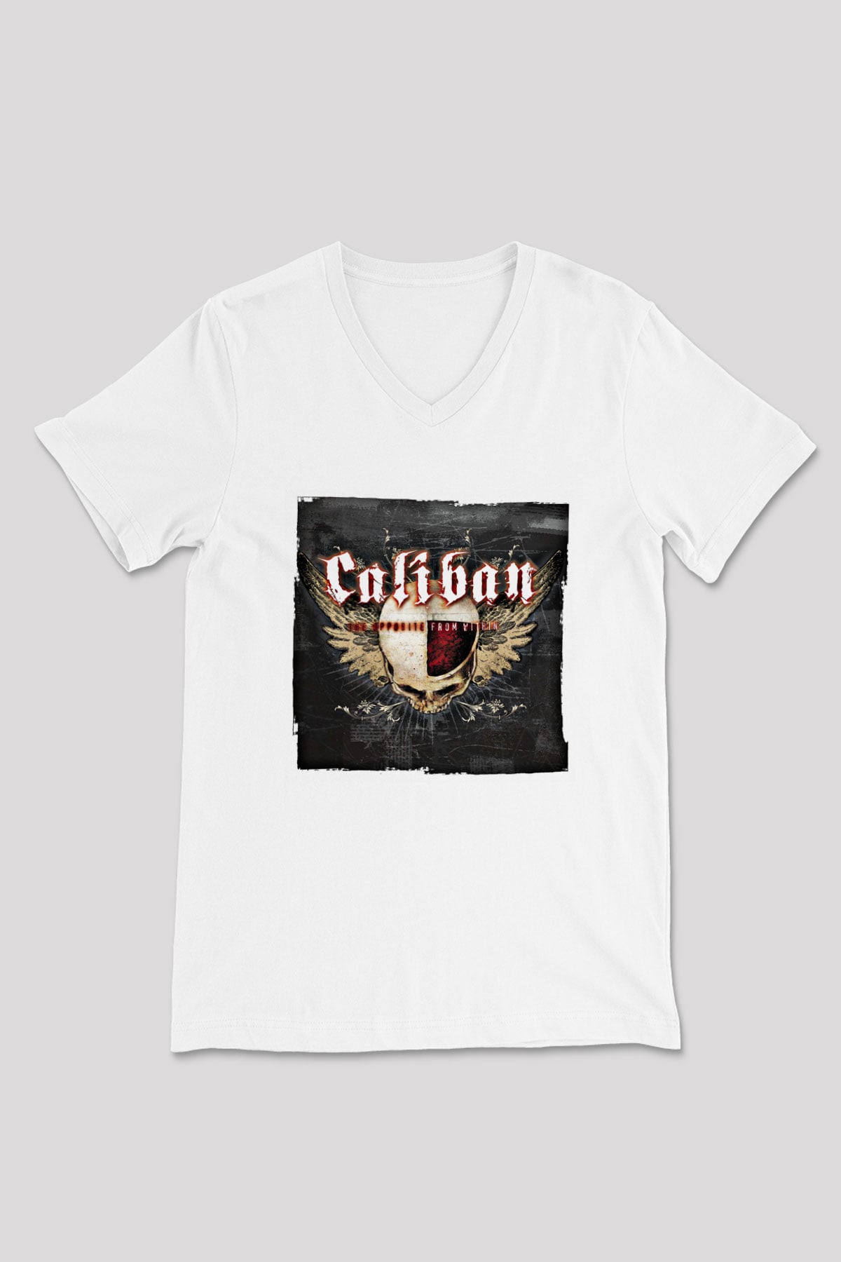 Caliban Baskılı Unisex Beyaz V Yaka Tişört