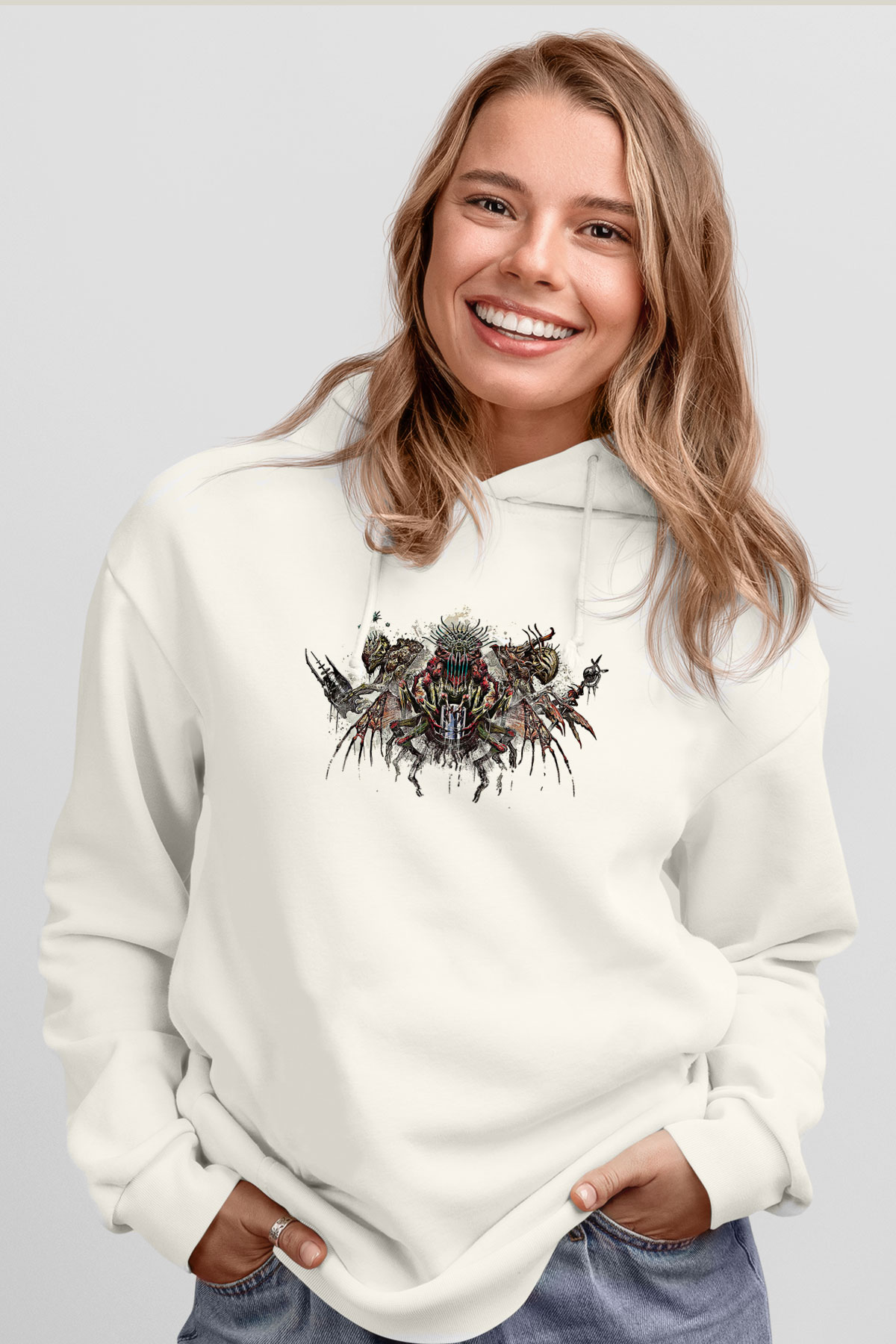 Call Of Ctulhu Baskılı Beyaz Unisex Kapüşonlu Sweatshirt