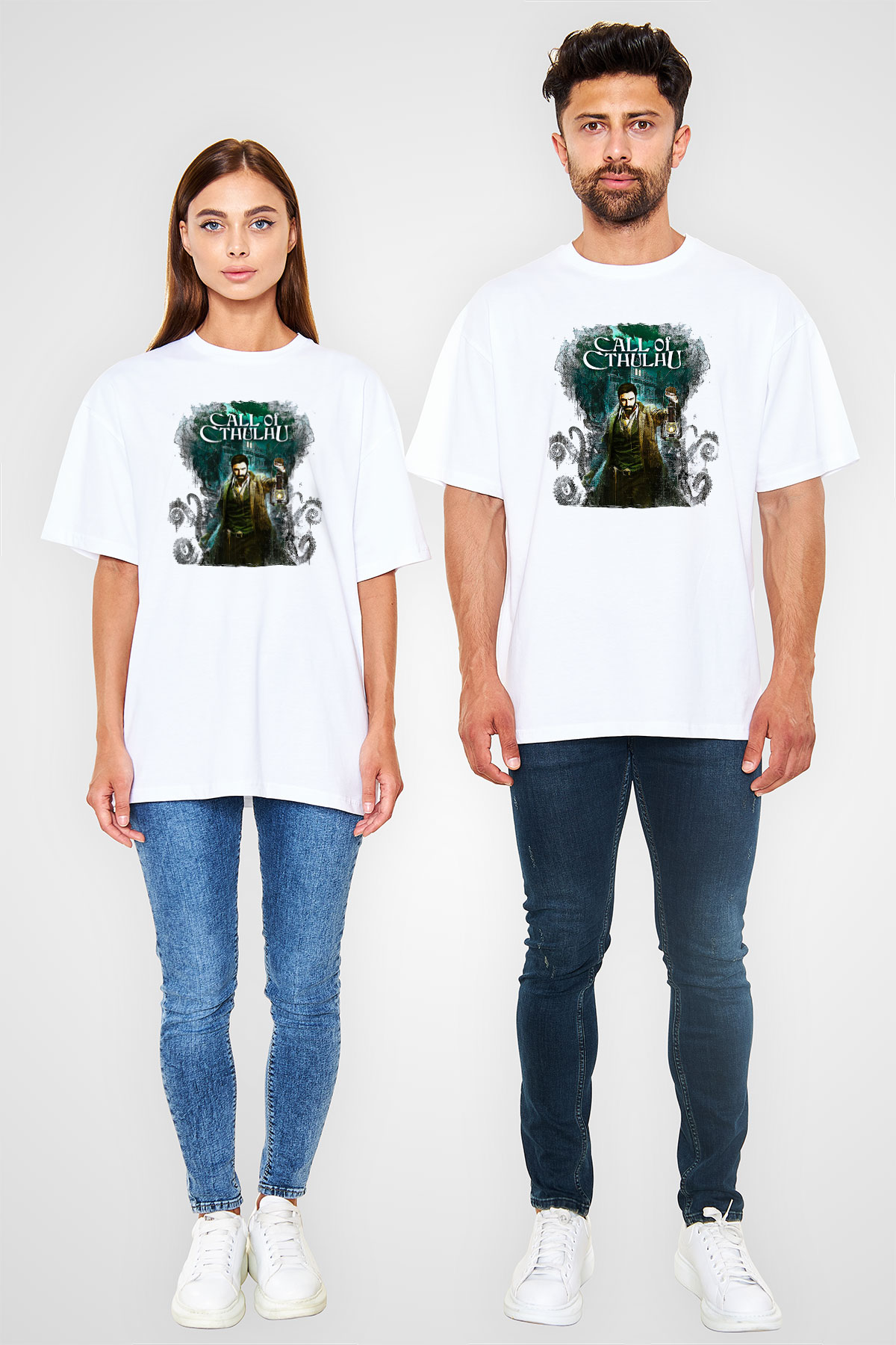 Call Of Ctulhu Baskılı Beyaz Unisex Oversize Tişört - Tshirt