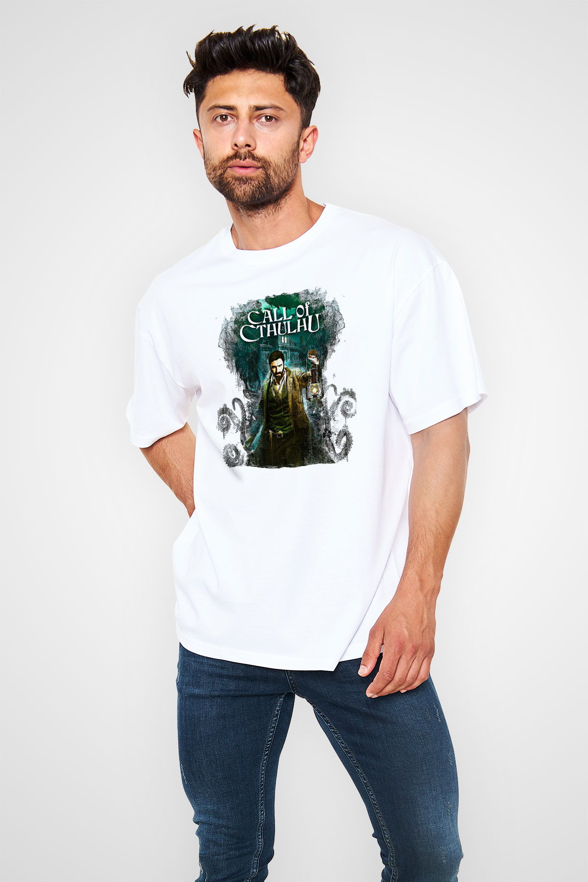 Call Of Ctulhu Baskılı Beyaz Unisex Oversize Tişört - Tshirt