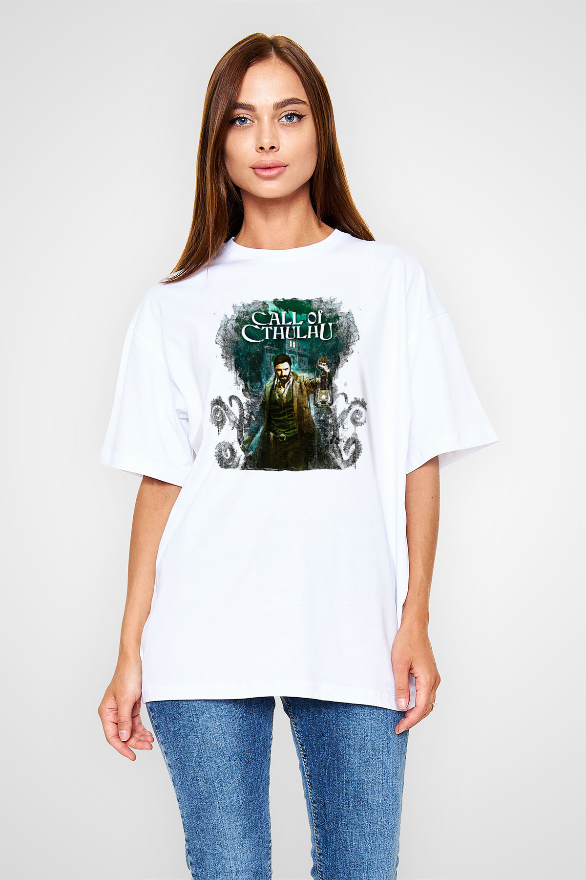 Call Of Ctulhu Baskılı Beyaz Unisex Oversize Tişört - Tshirt