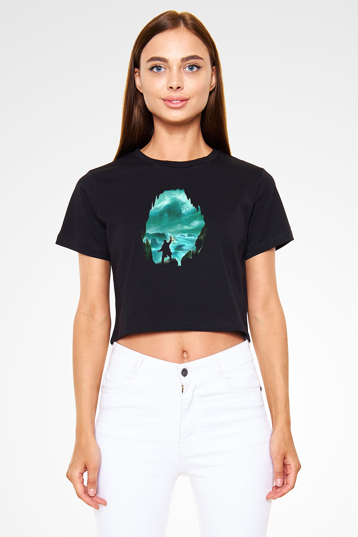 Call Of Ctulhu Baskılı Siyah Crop Top Kadın Tişört - Tshirt