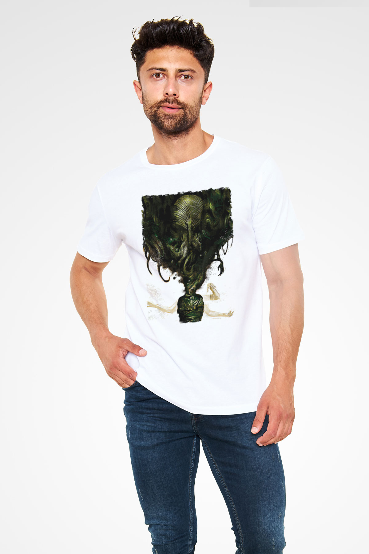 Call Of Ctulhu Baskılı Unisex Beyaz Tişört - Tshirt
