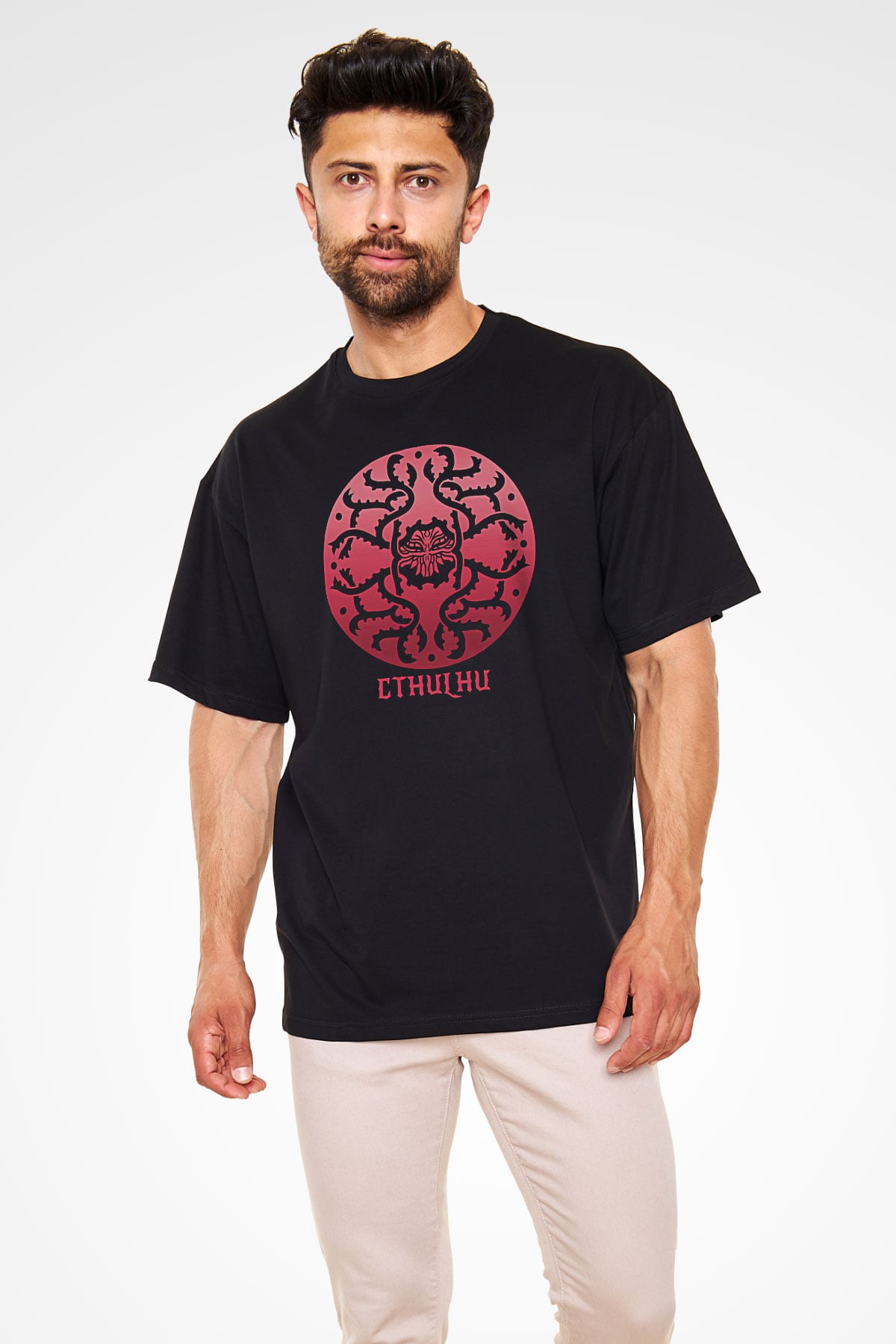 Call Of Ctulhu Baskılı Unisex Siyah Oversize Tişört - Tshirt