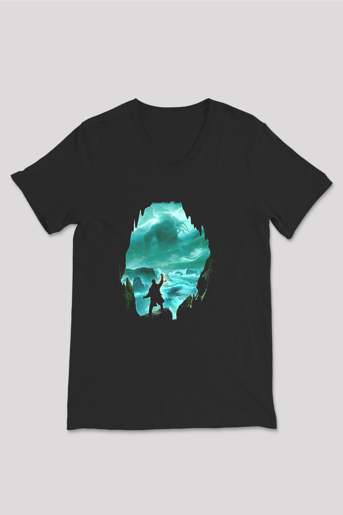Call Of Ctulhu Baskılı Unisex Siyah V Yaka Tişört - Tshirt