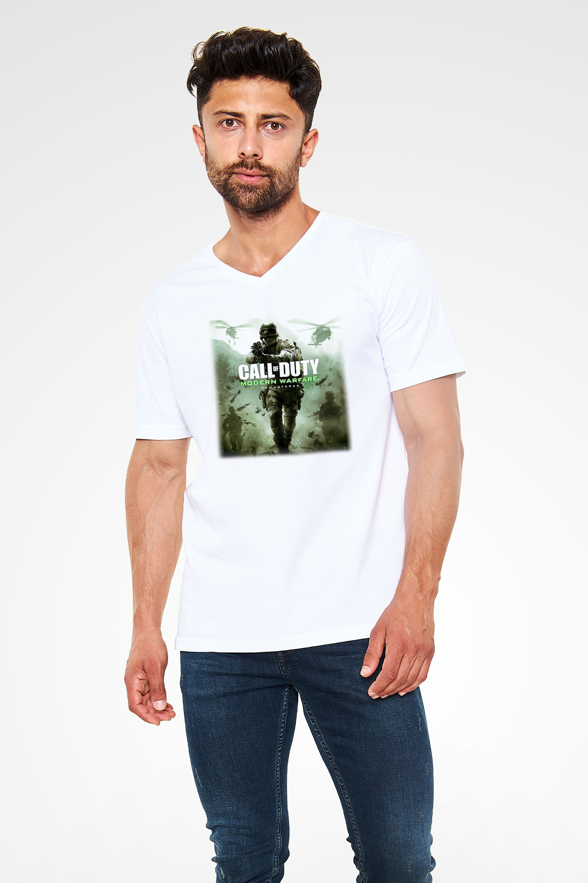 Call of Duty Beyaz Unisex V Yaka Tişört T-Shirt