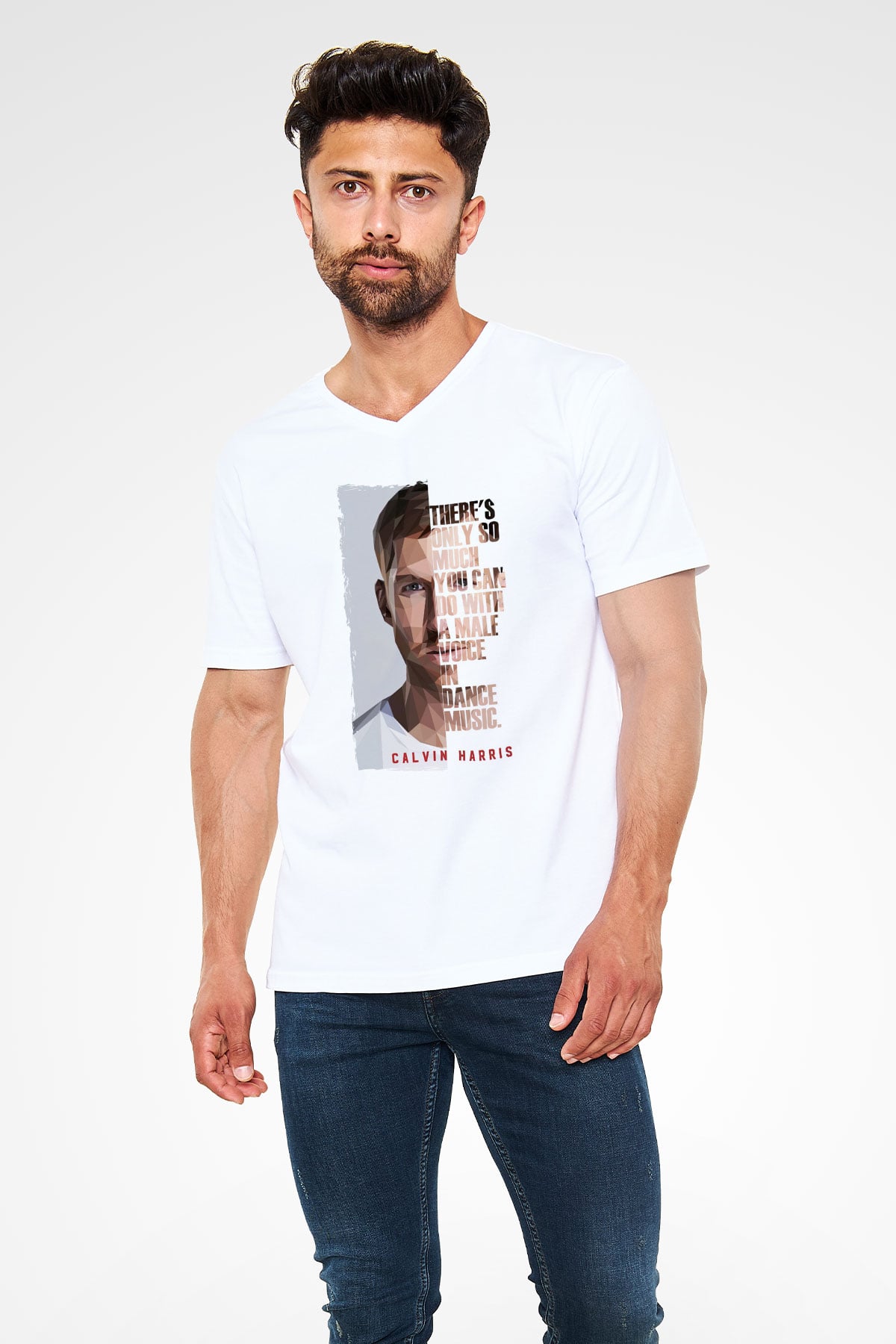 Calvin Harris Beyaz Unisex V Yaka Tişört