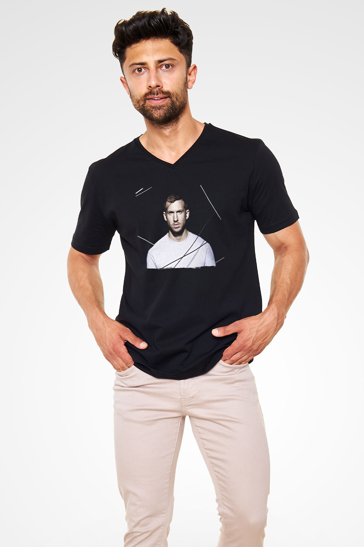 Calvin Harris Siyah Unisex V Yaka Tişört
