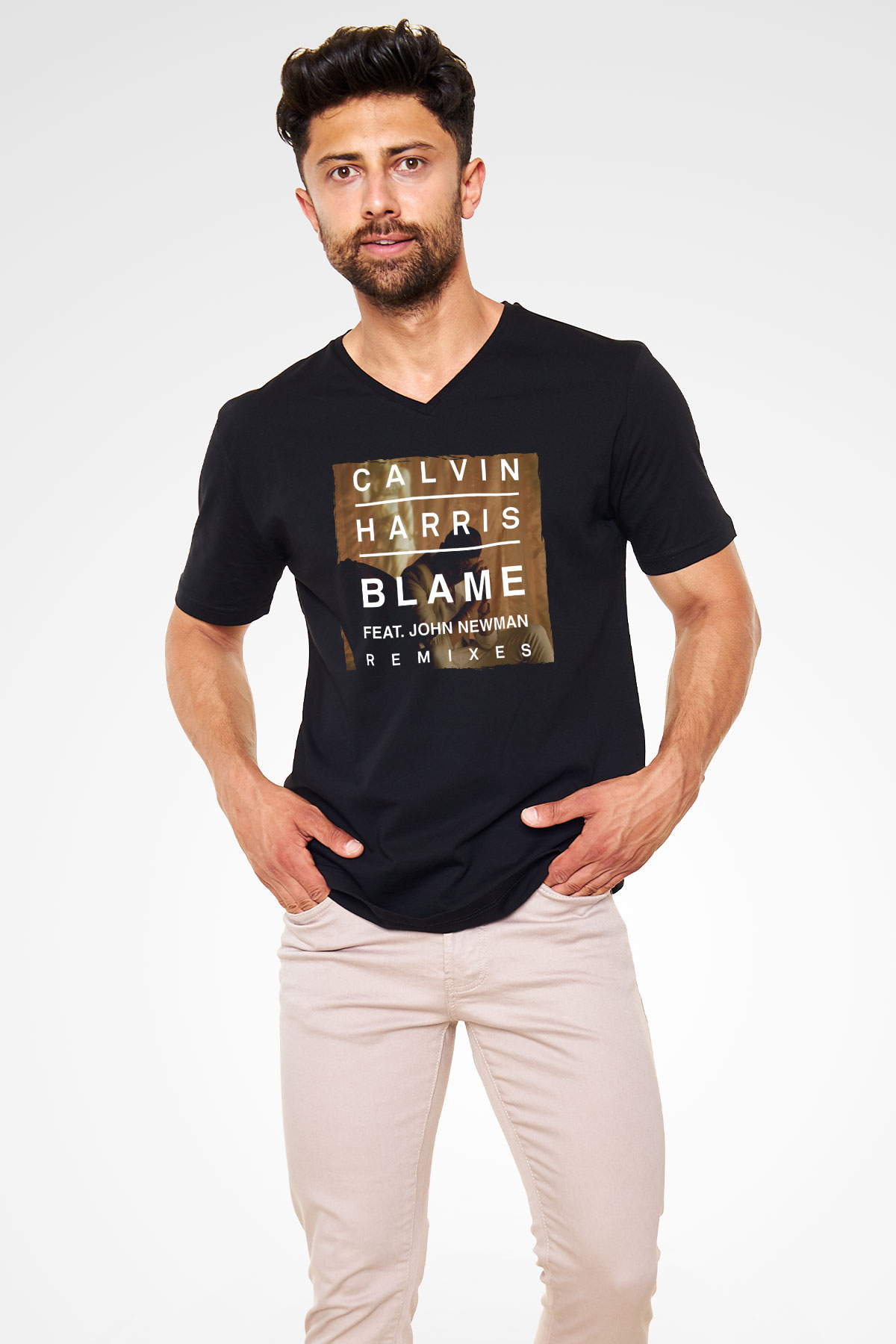 Calvin Harris Siyah Unisex V Yaka Tişört