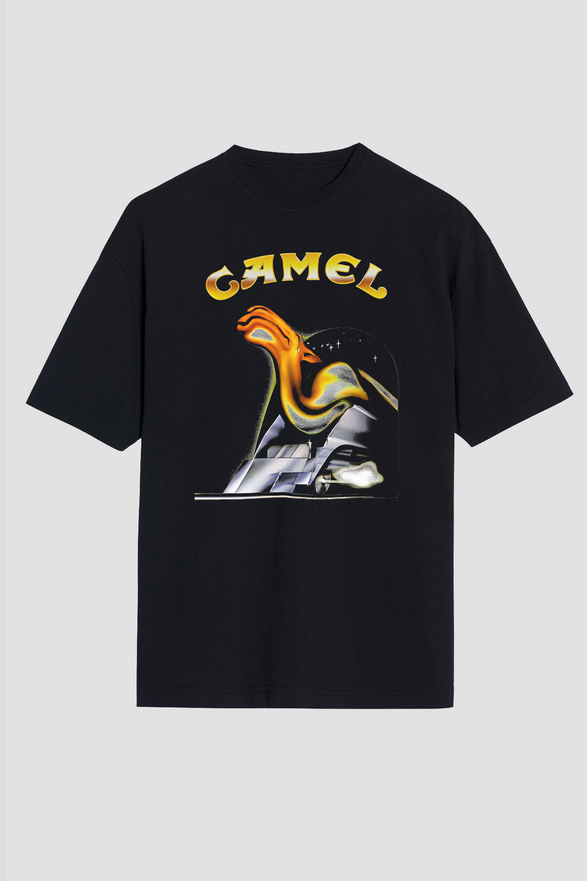 Camel Baskılı Unisex Siyah Oversize Tişört - Tshirt