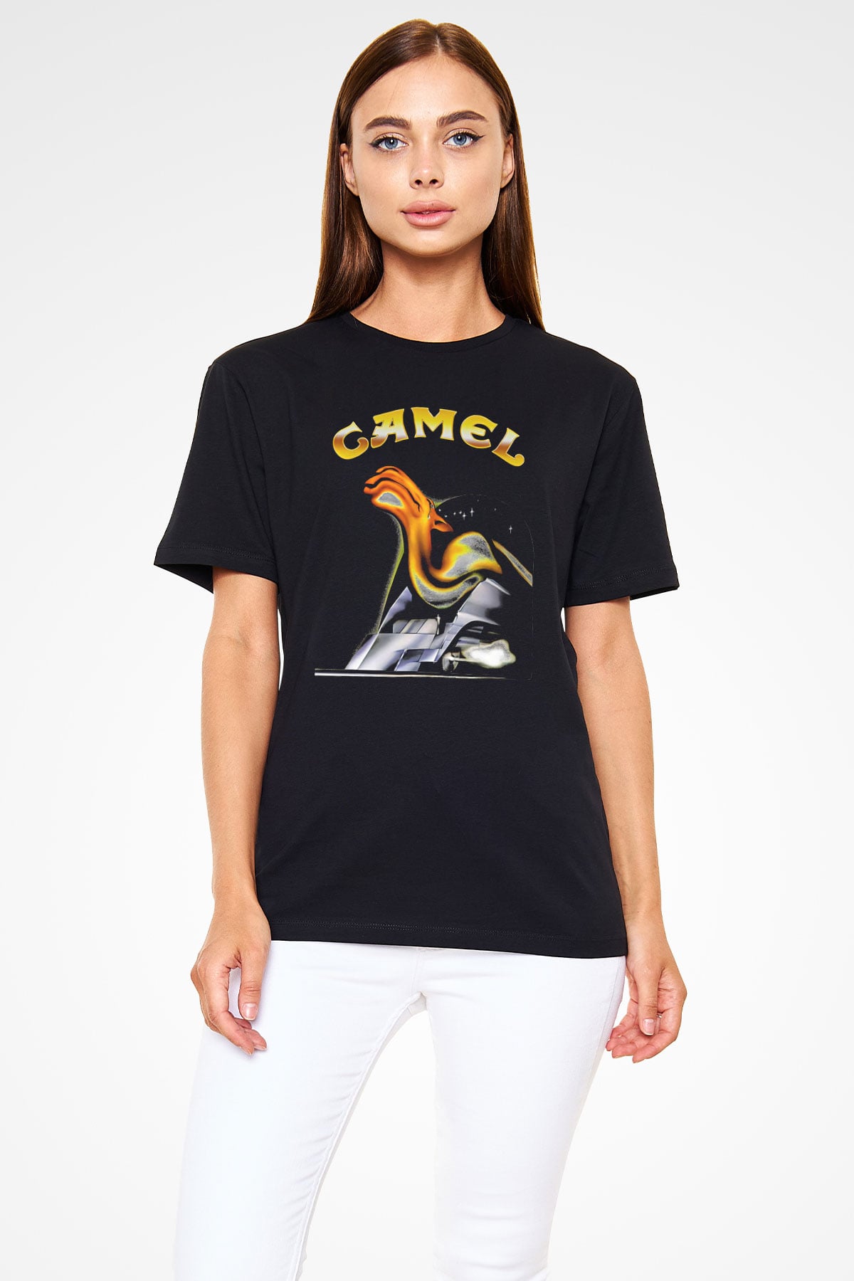 Camel Baskılı Unisex Siyah Tişört - Tshirt