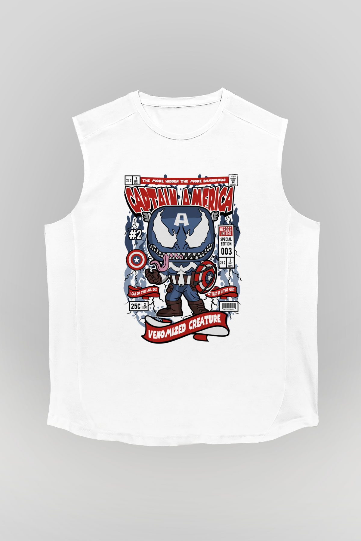 Captain America Baskılı Unisex Beyaz Kolsuz Tişört