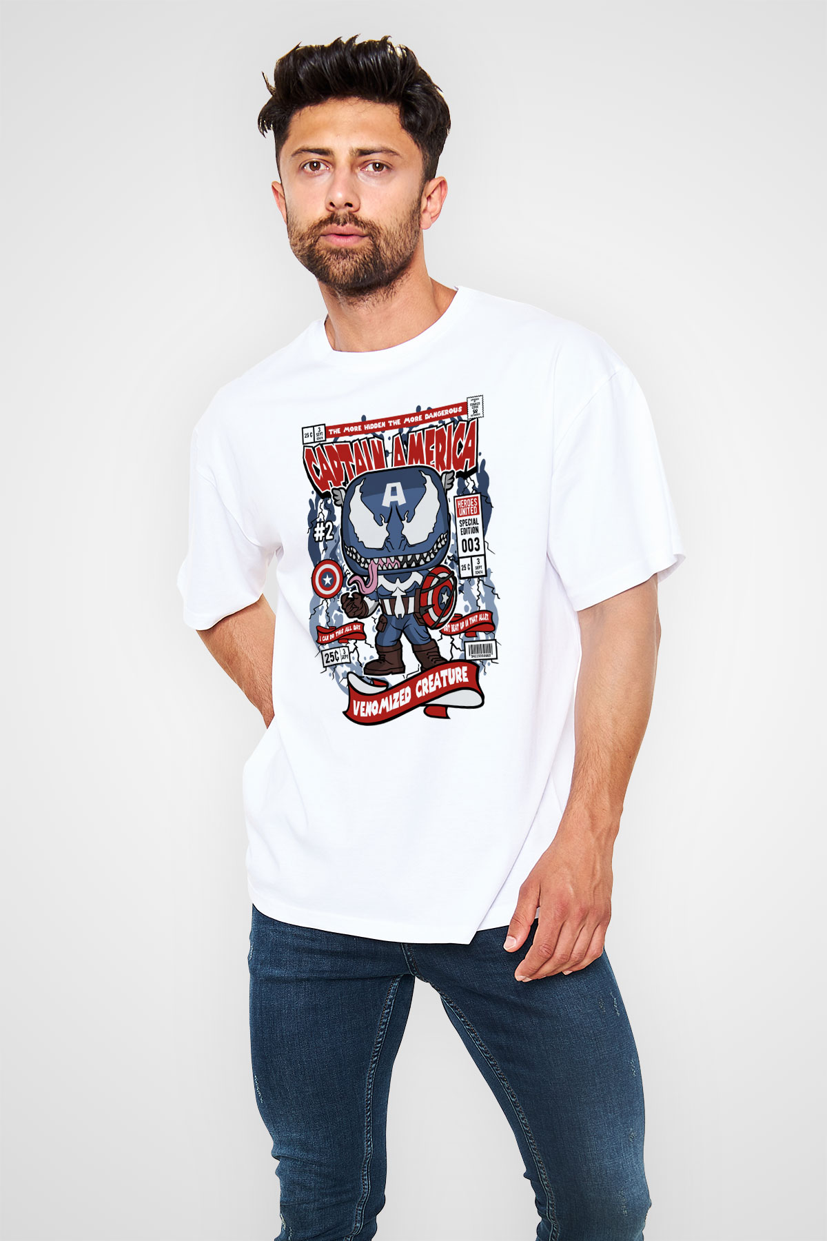 Captain America Baskılı Unisex Beyaz Oversize Tişört