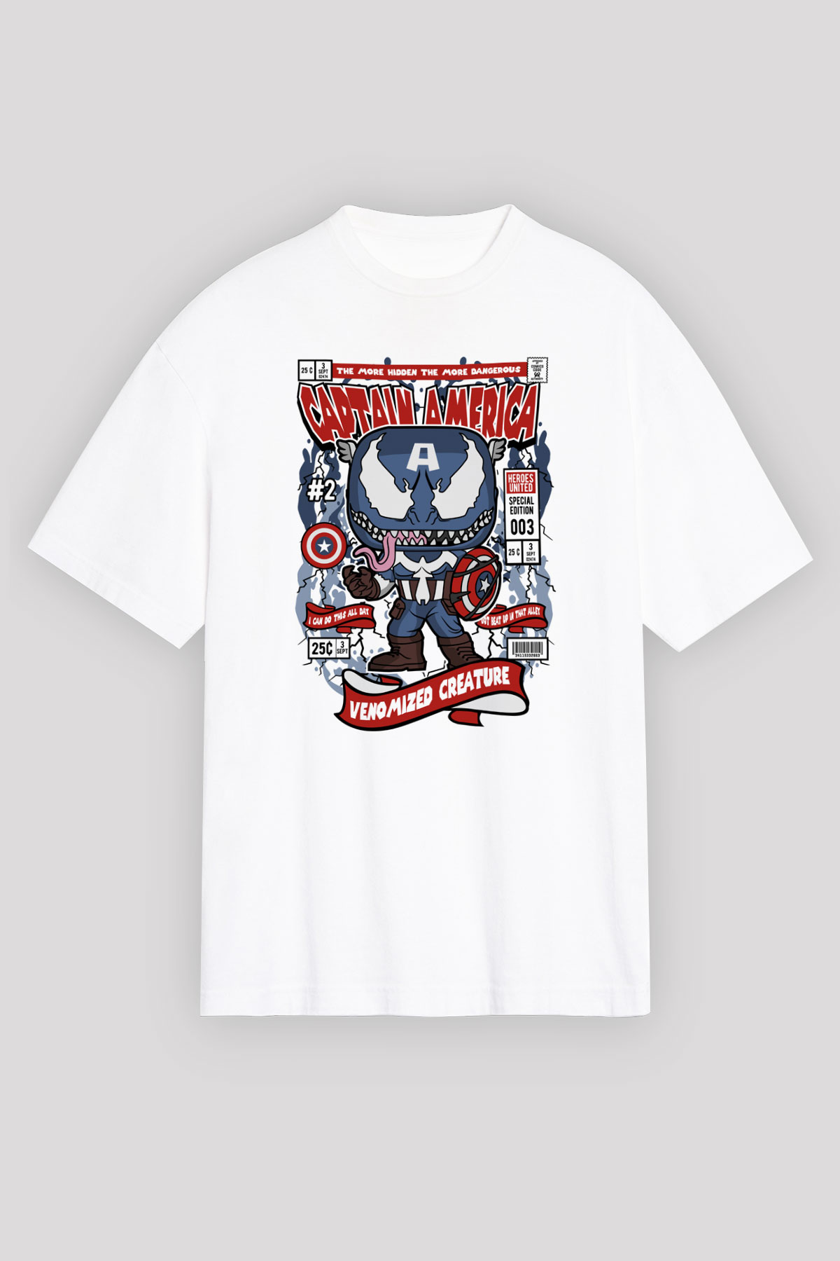 Captain America Baskılı Unisex Beyaz Oversize Tişört