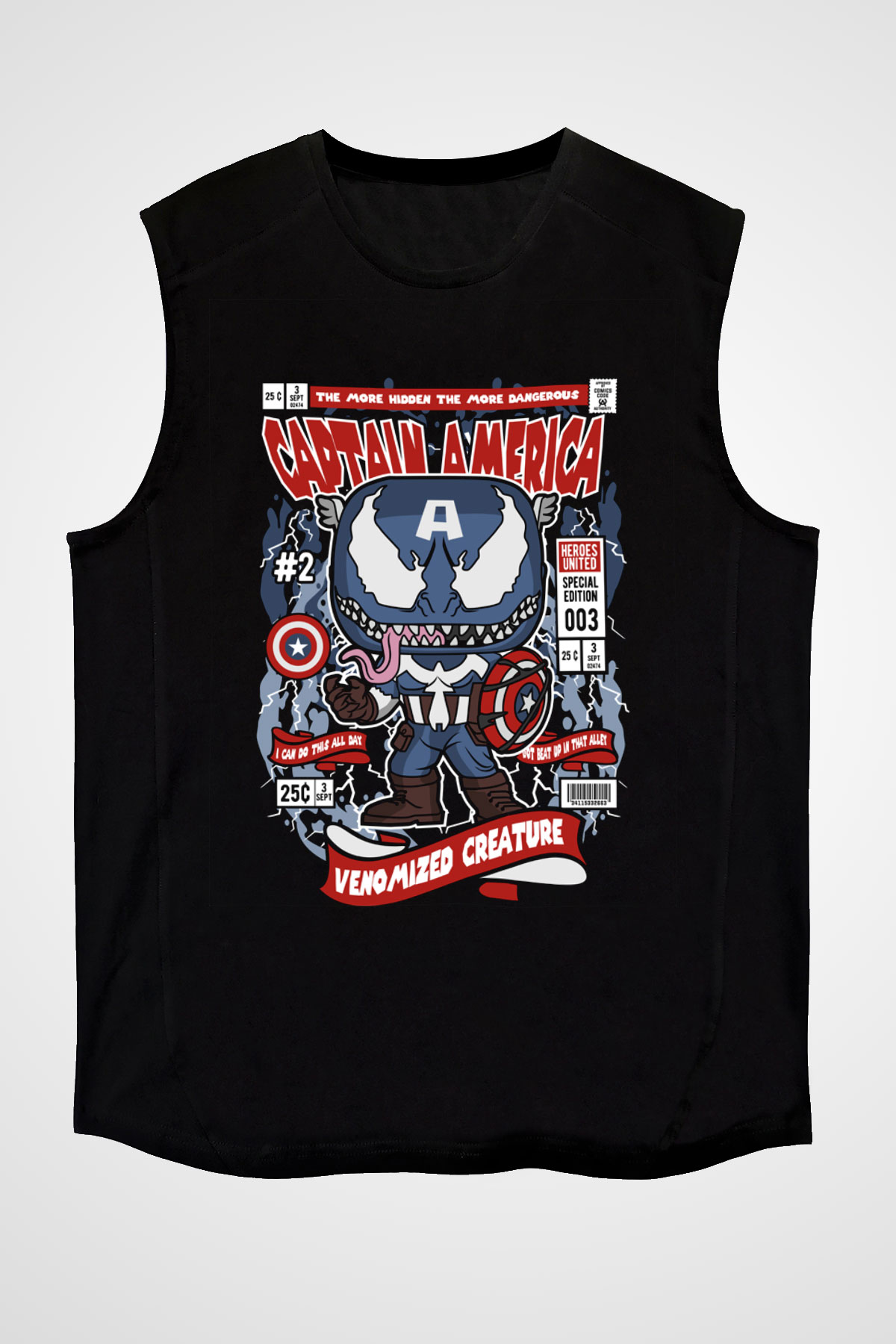 Captain Amerika Baskılı Unisex Siyah Kolsuz Tişört