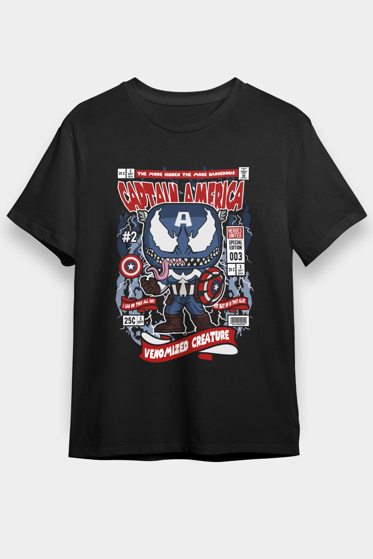 Captain Amerika Baskılı Unisex Siyah Tişört