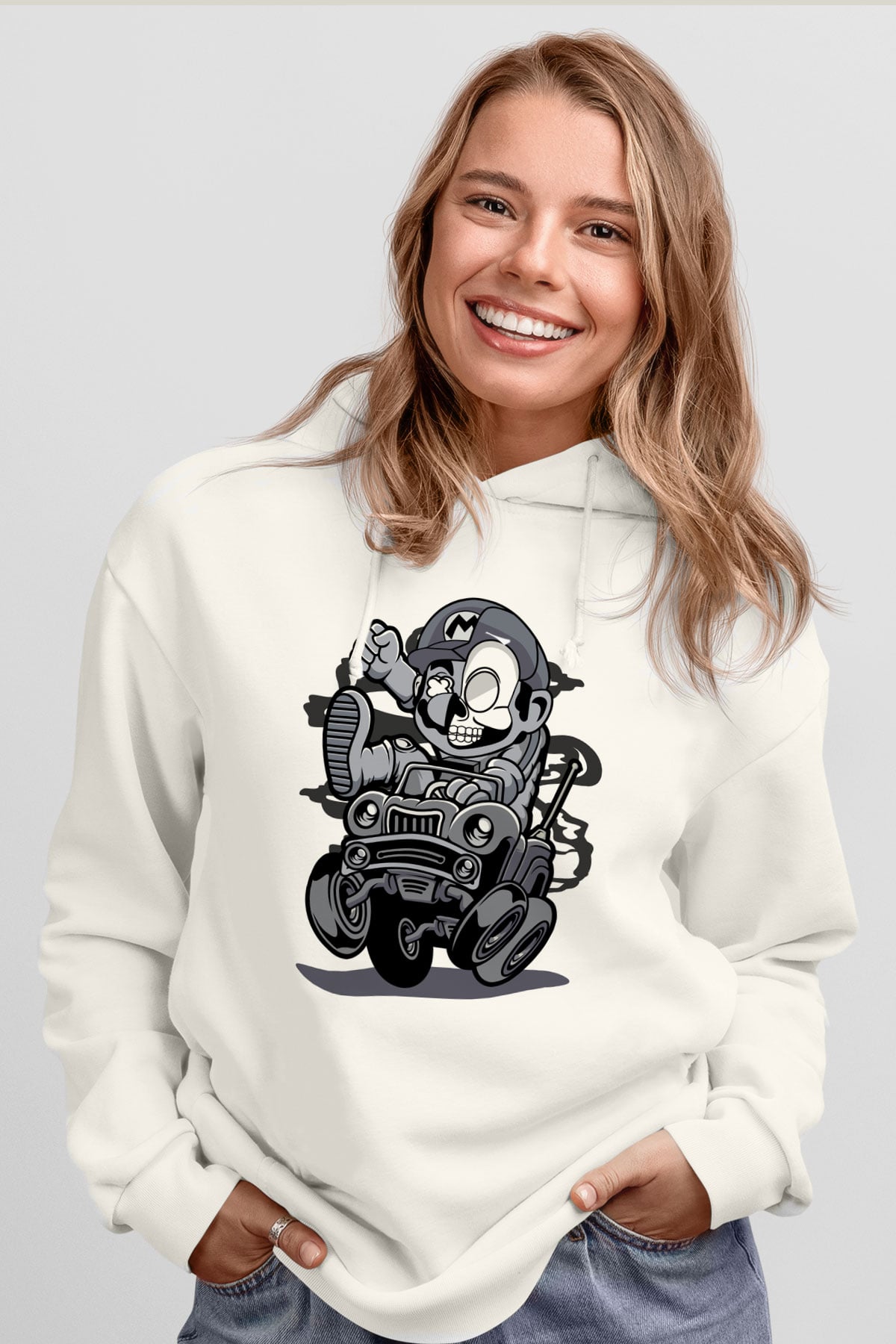 Car Racer Mario Baskılı Unisex Beyaz Hoodie