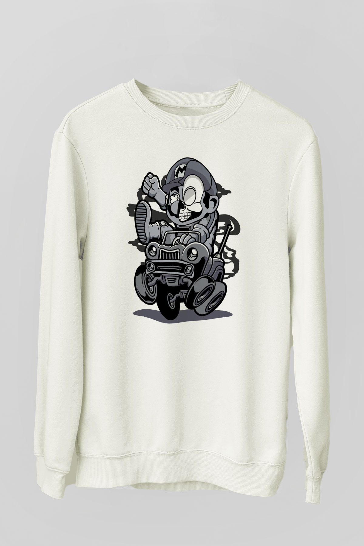 Car Racer Mario Baskılı Unisex Beyaz Sweatshirt