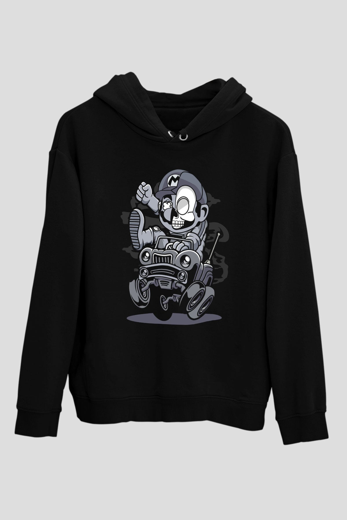 Car Racer Mario Baskılı Unisex Siyah Hoodie
