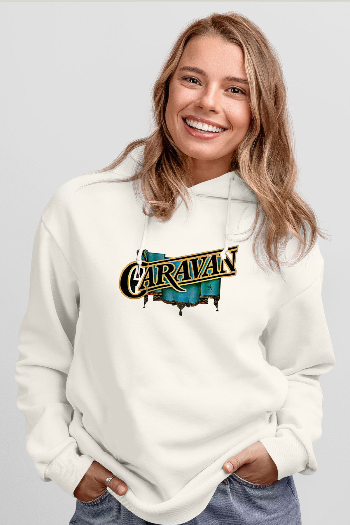 Caravan Baskılı Beyaz Unisex Kapüşonlu Sweatshirt