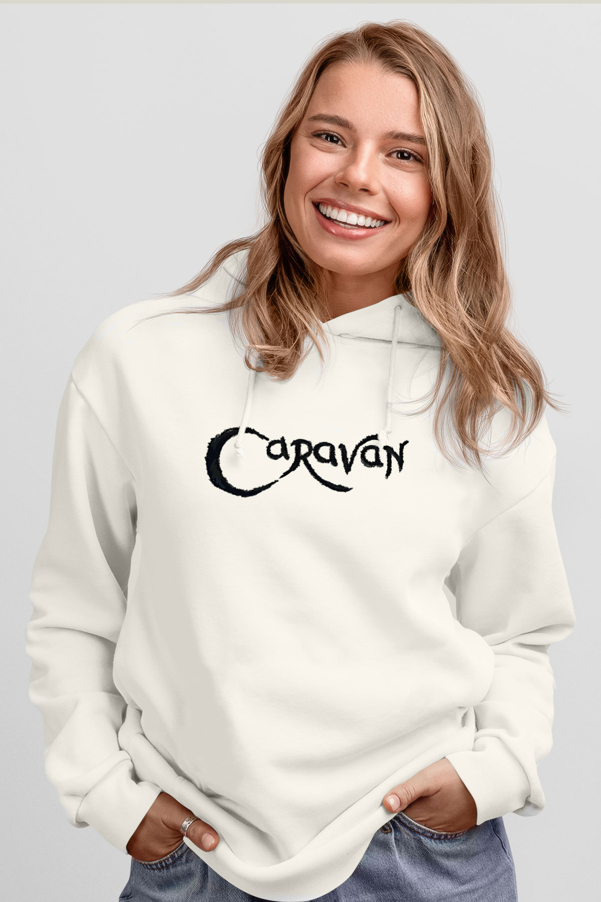 Caravan Baskılı Beyaz Unisex Kapüşonlu Sweatshirt