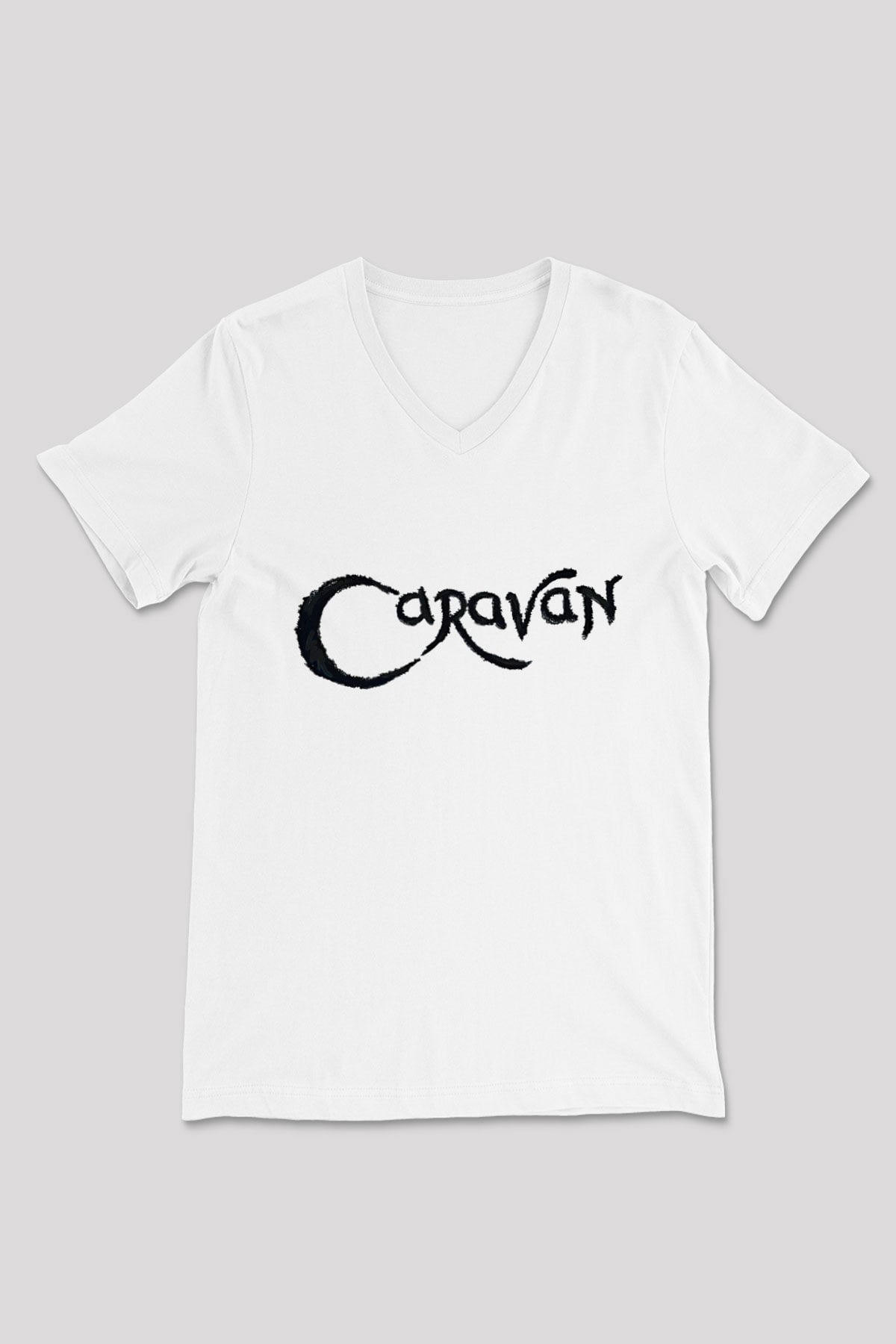 Caravan Baskılı Beyaz Unisex V Yaka Tişört - Tshirt