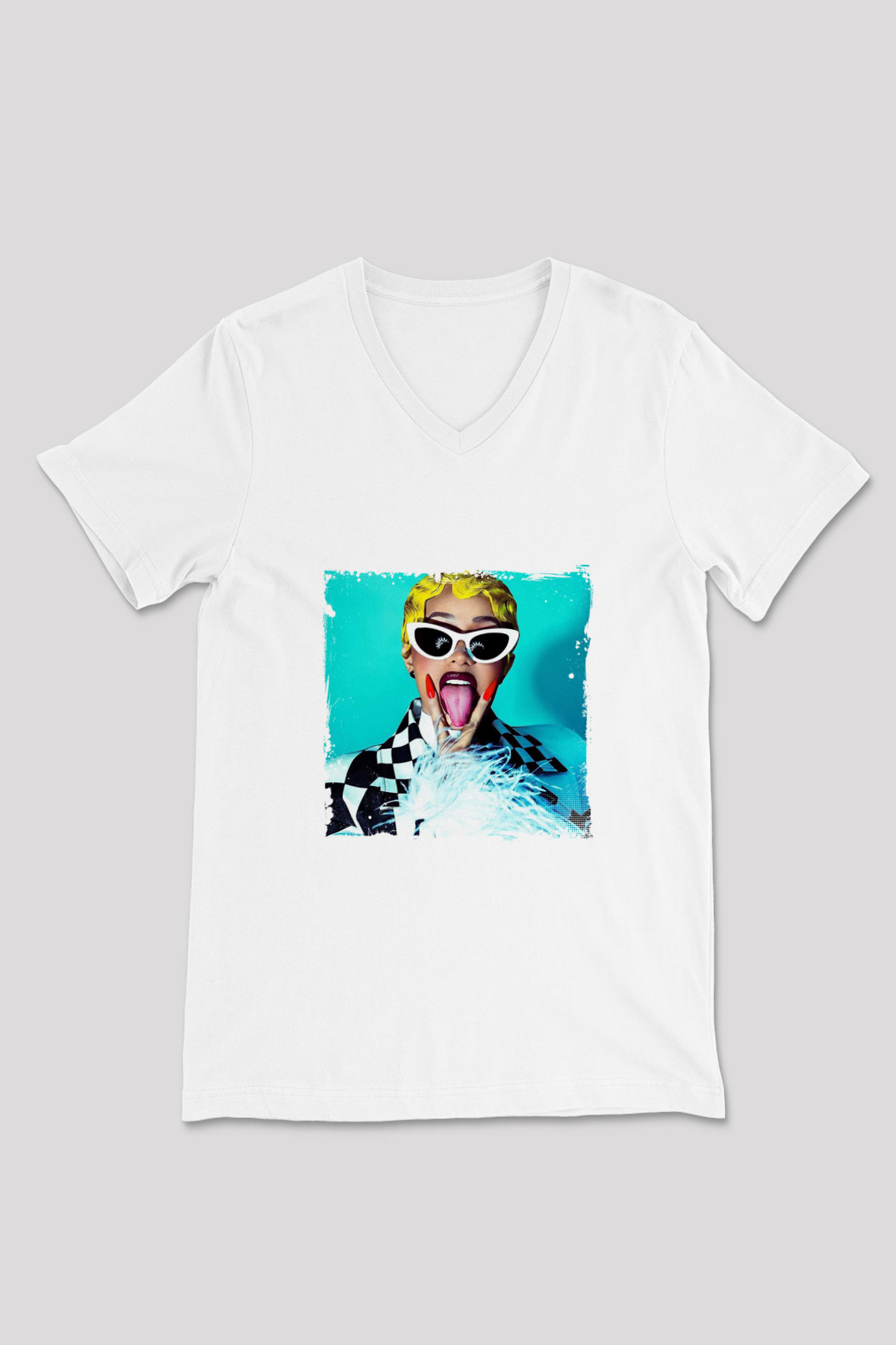 Cardi B Baskılı Beyaz V Yaka Unisex Tişört