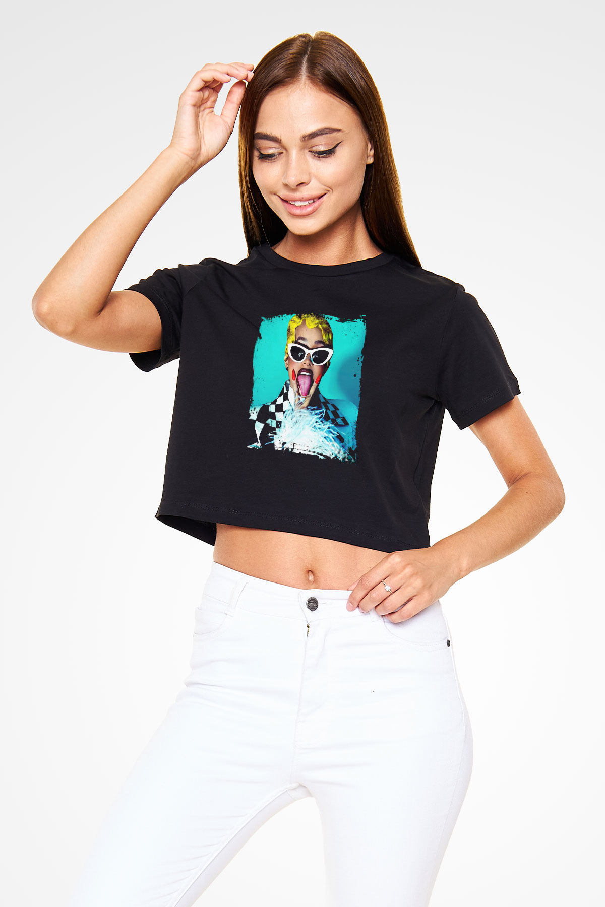 Cardi B Baskılı Crop Top Siyah Kadın Tişört