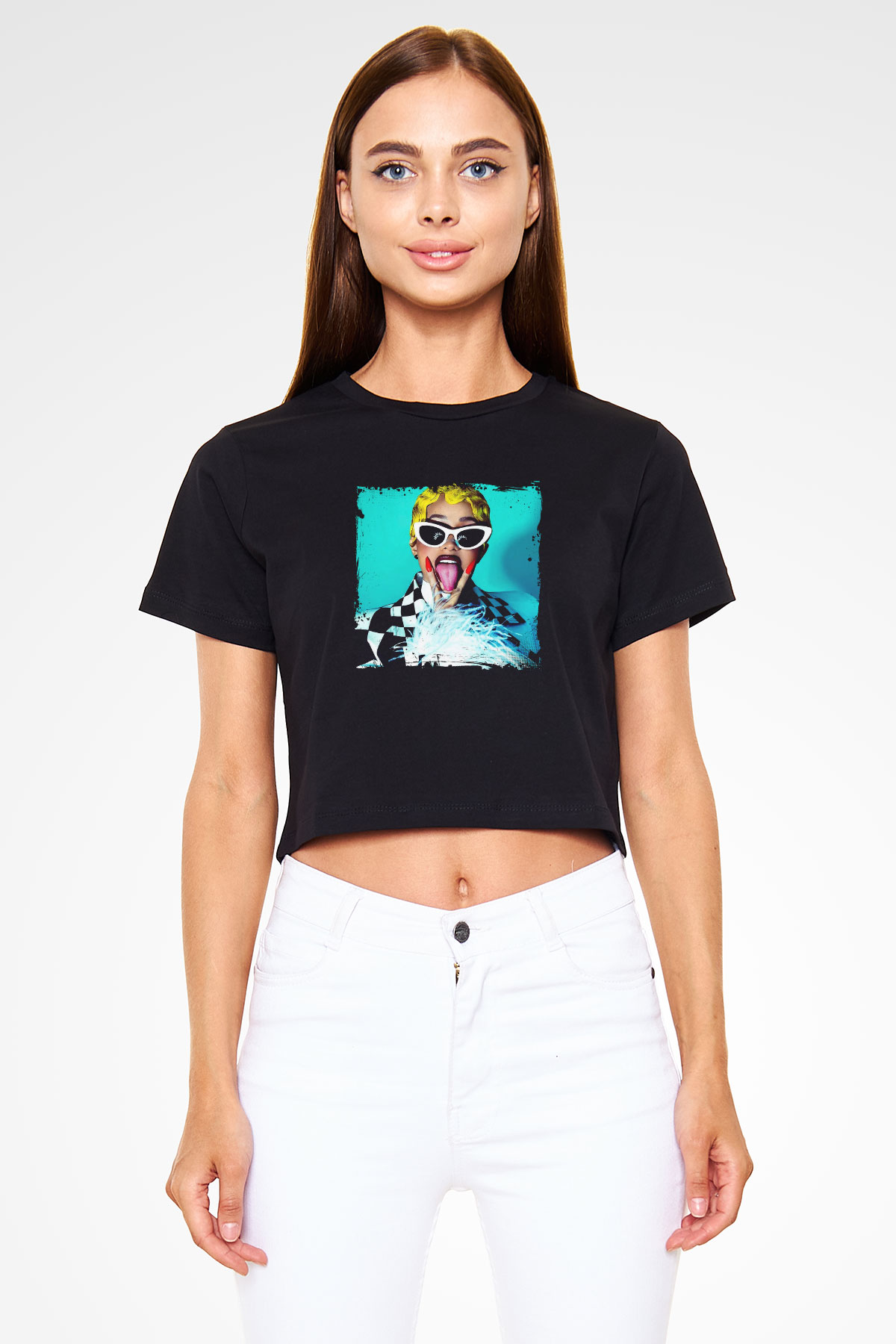 Cardi B Baskılı Crop Top Siyah Kadın Tişört