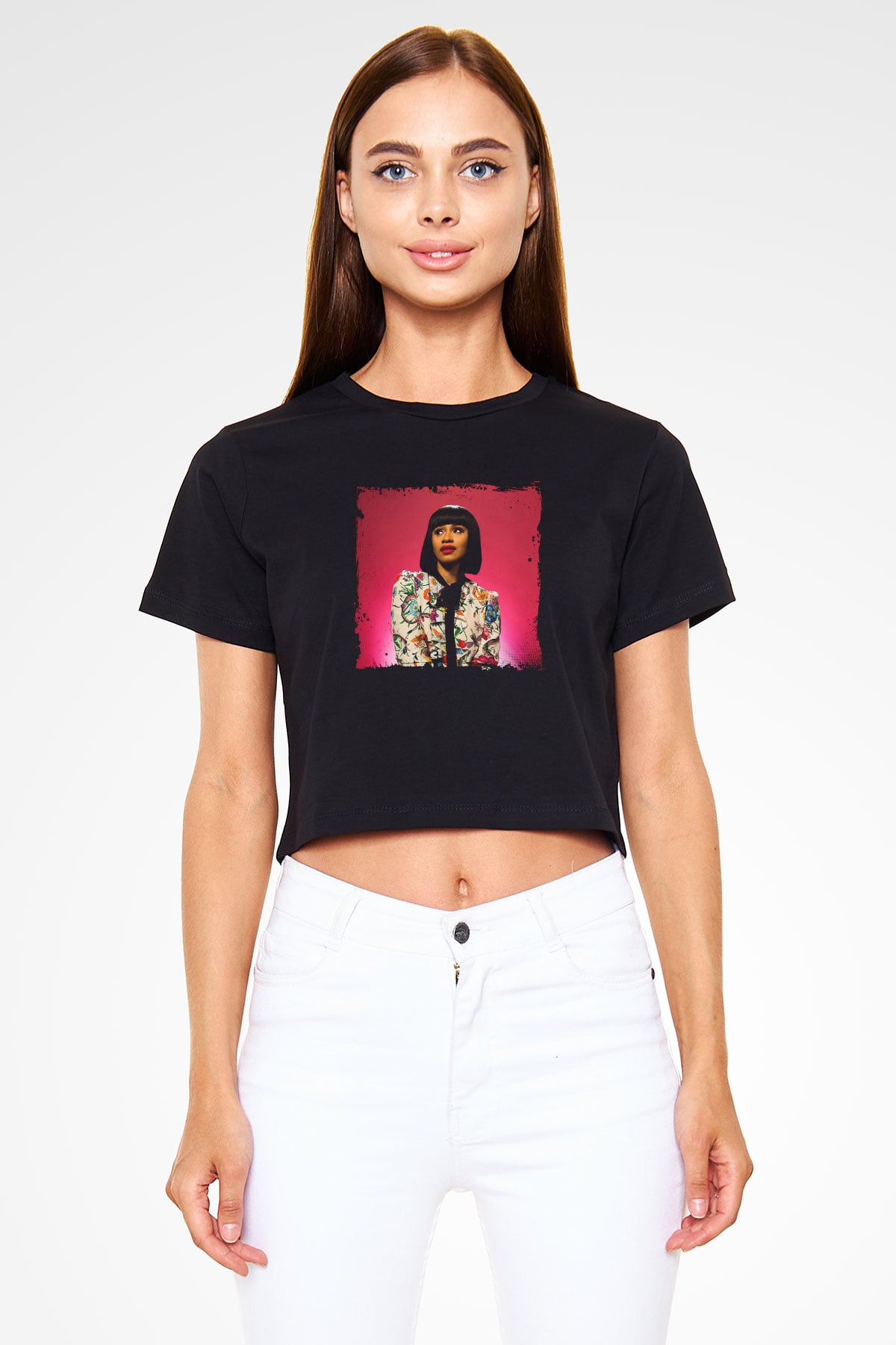 Cardi B Baskılı Crop Top Siyah Kadın Tişört