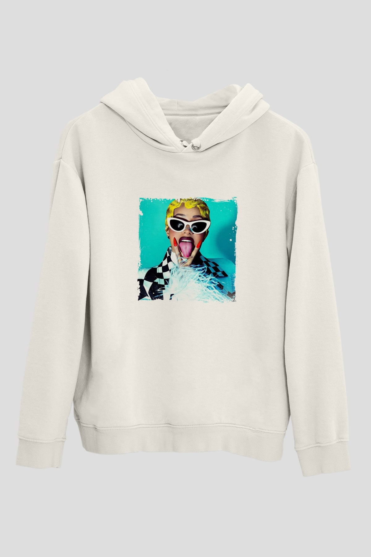 Cardi B Baskılı Unisex Beyaz Kapüşonlu Sweatshirt