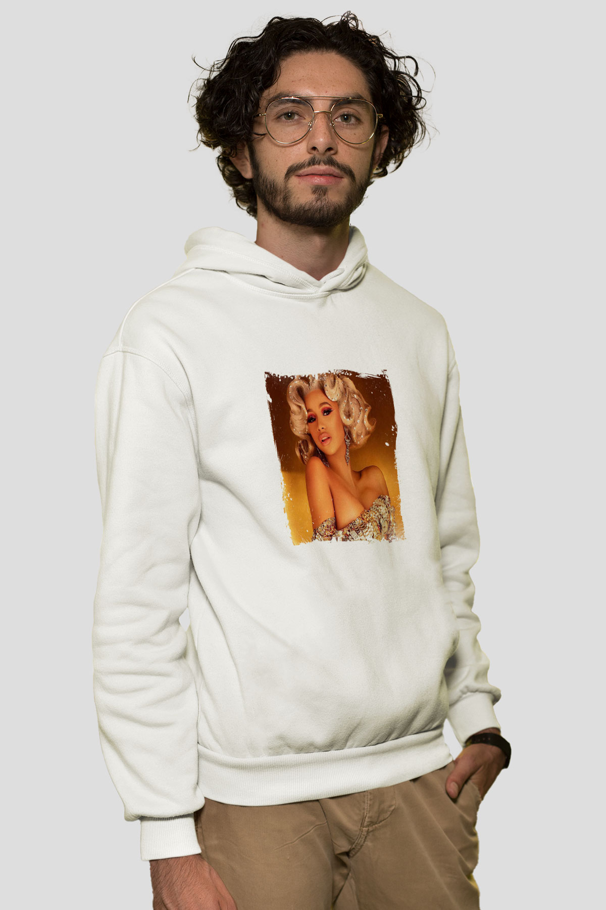 Cardi B Baskılı Unisex Beyaz Kapüşonlu Sweatshirt