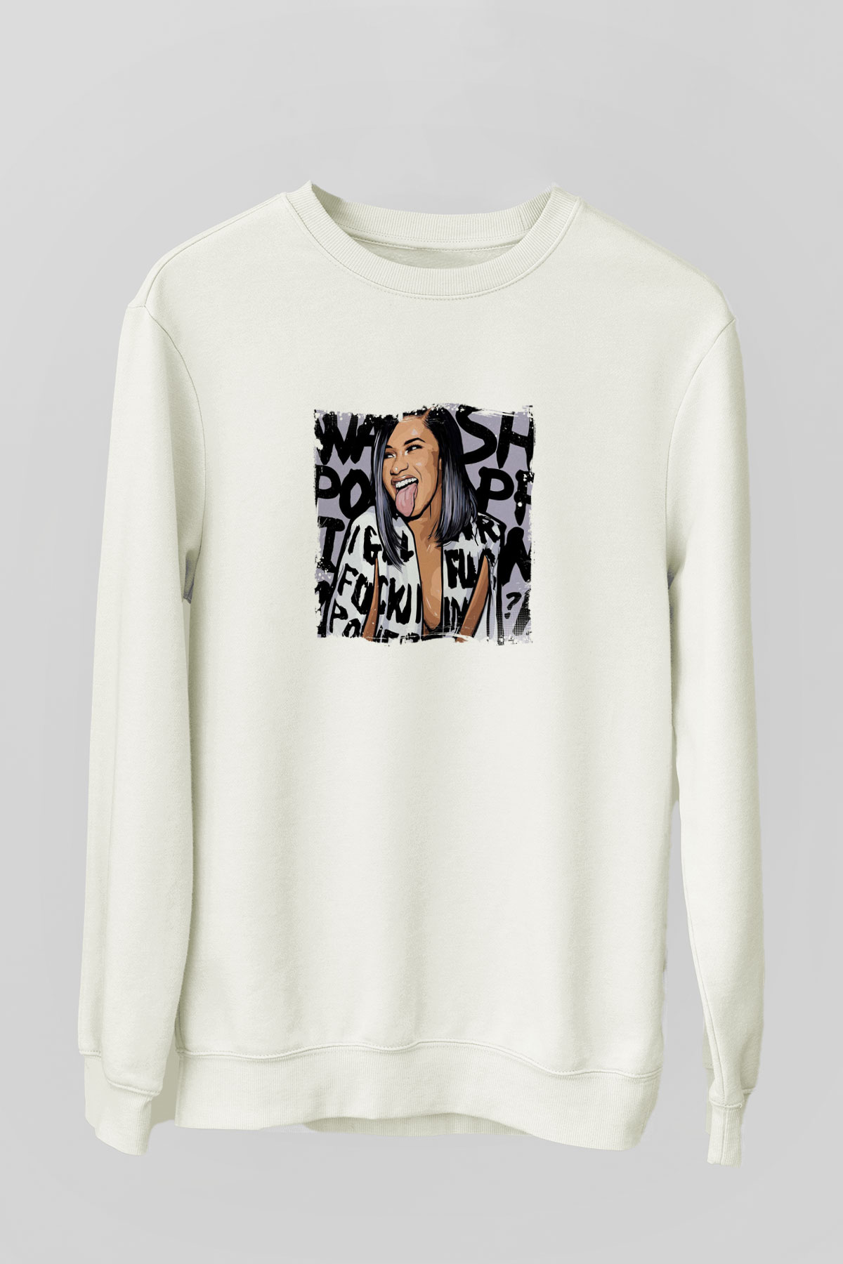 Cardi B Baskılı Unisex Beyaz Sweatshirt